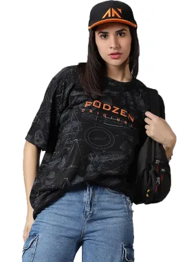 RodZen Oversized Loose Fit Cotton Blend Round Neck Boat Printed T-Shirt for Womens/Girls (Black, XL)