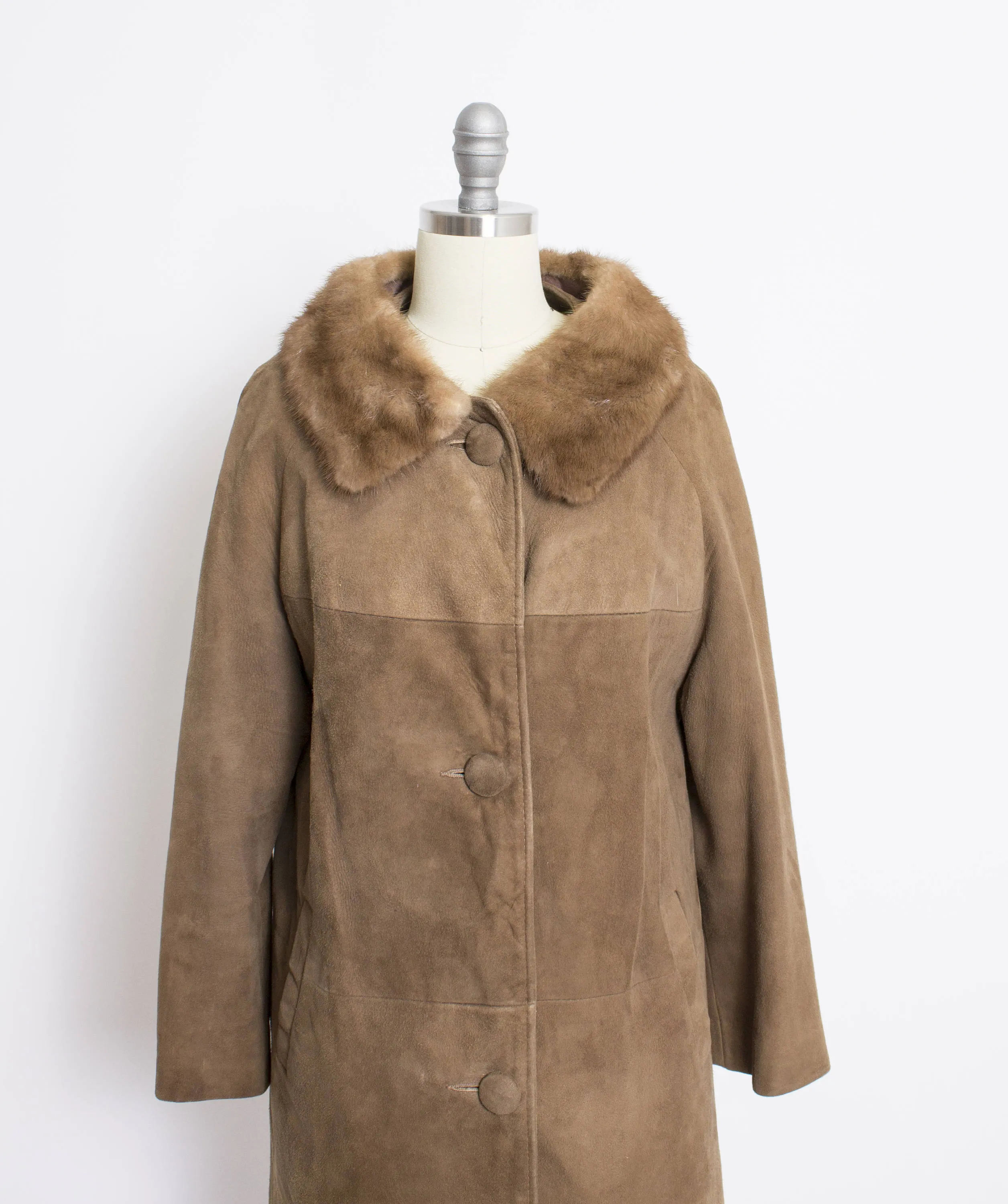 1960s Coat Brown Leather Suede Fur Collar S