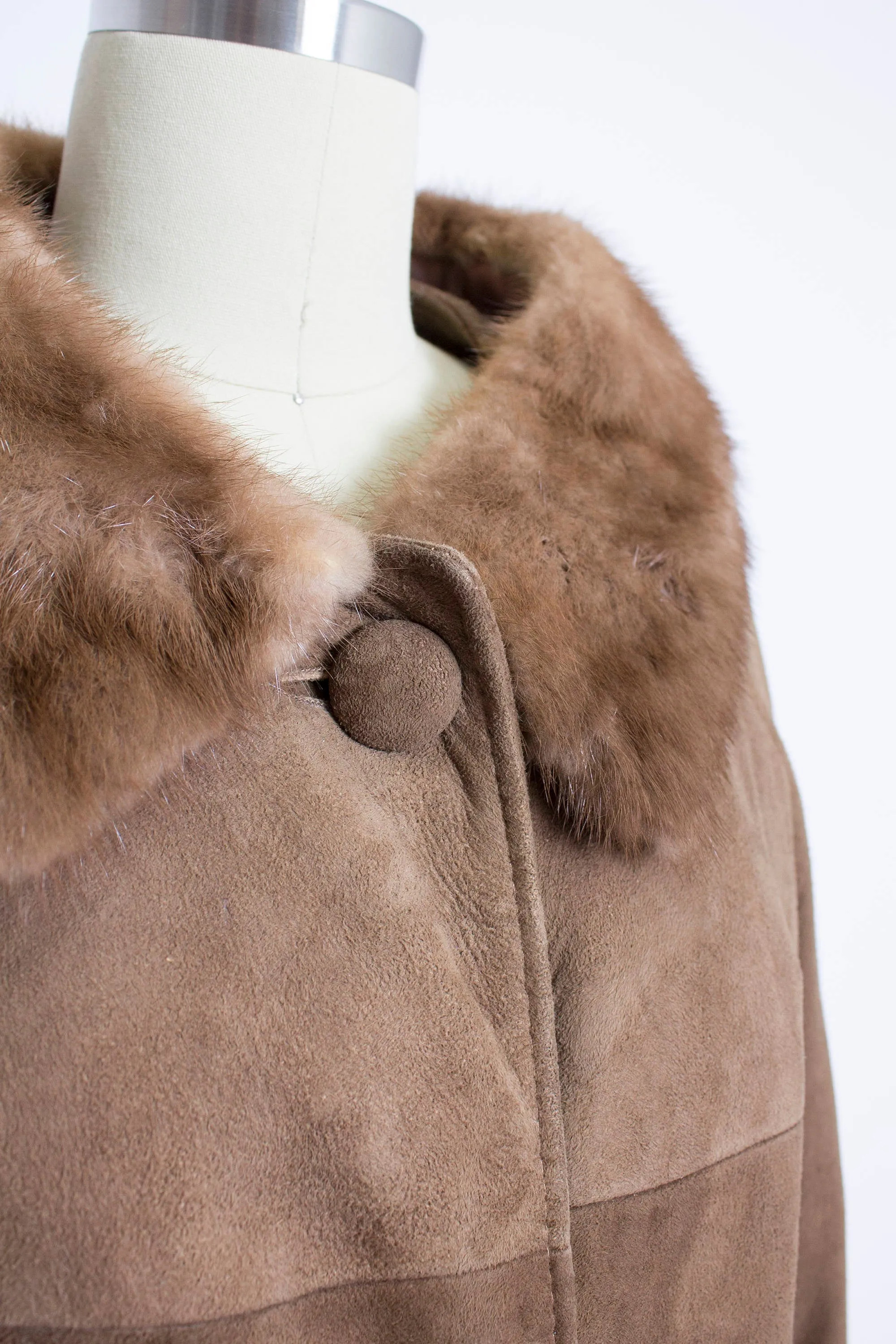 1960s Coat Brown Leather Suede Fur Collar S