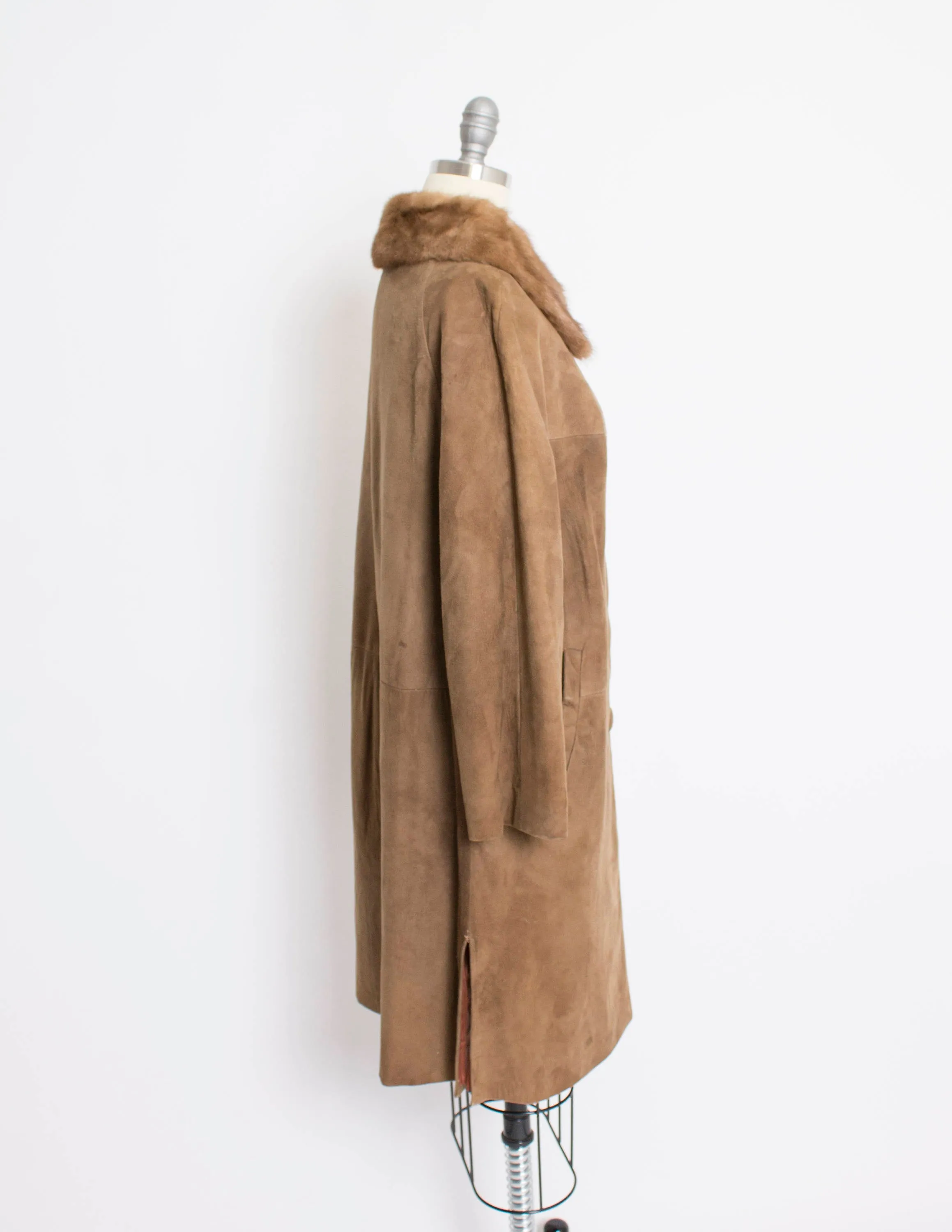 1960s Coat Brown Leather Suede Fur Collar S