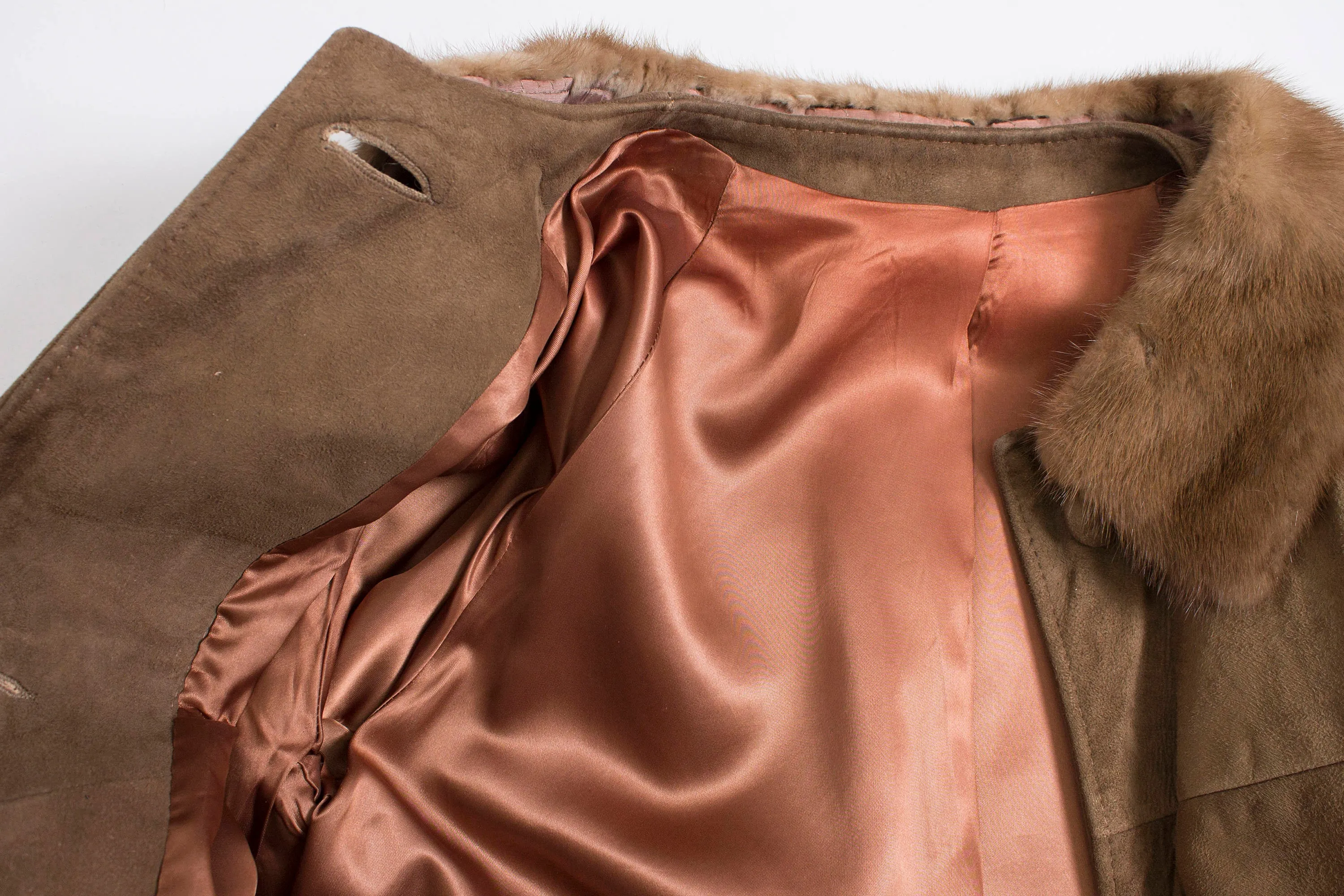 1960s Coat Brown Leather Suede Fur Collar S