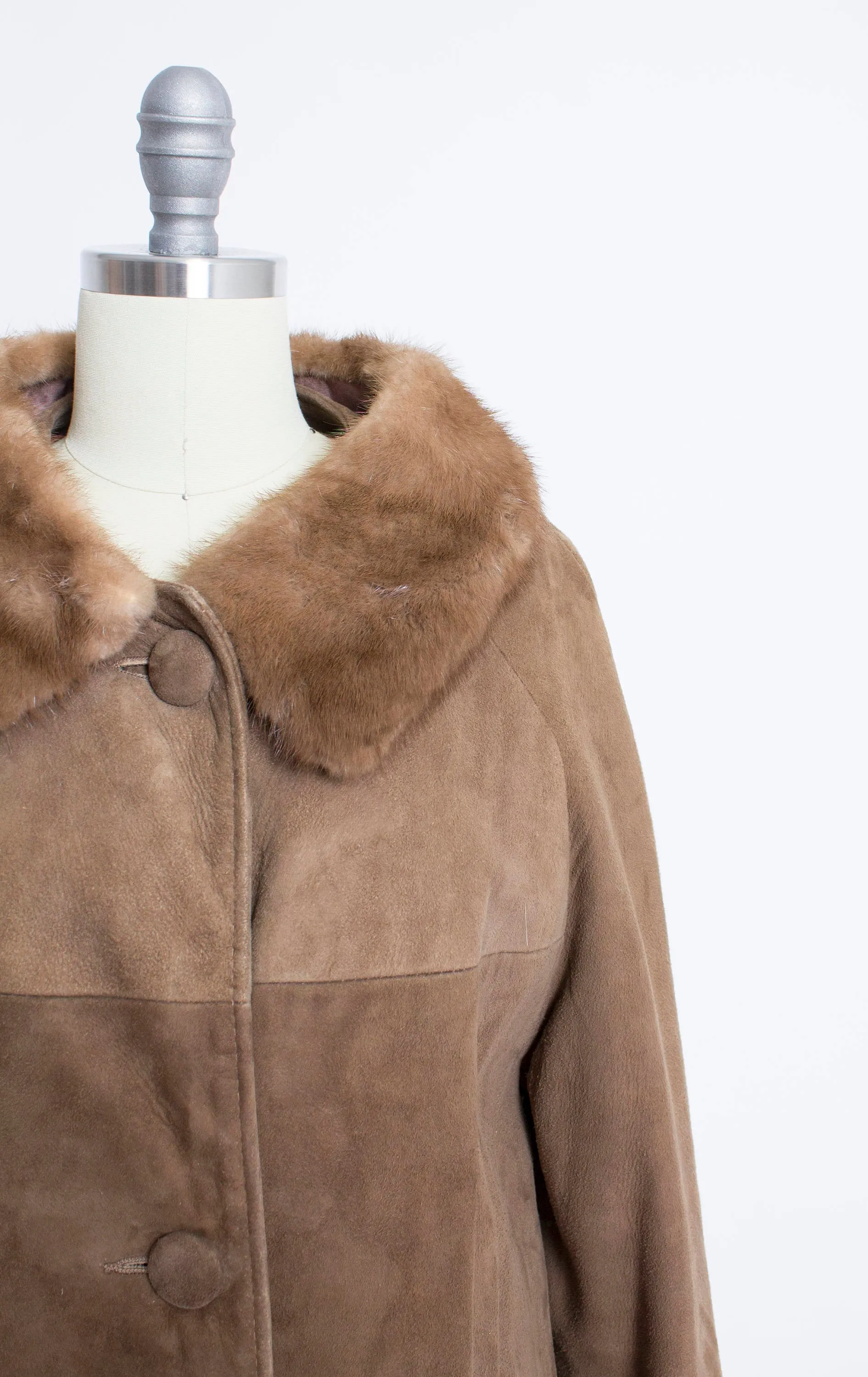 1960s Coat Brown Leather Suede Fur Collar S