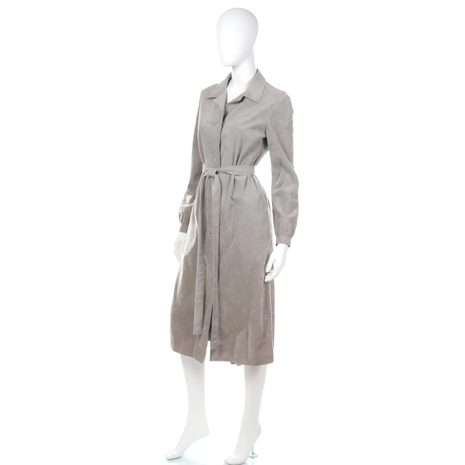 1970s Halston Vintage Grey Ultrasuede Coat Dress with Belt