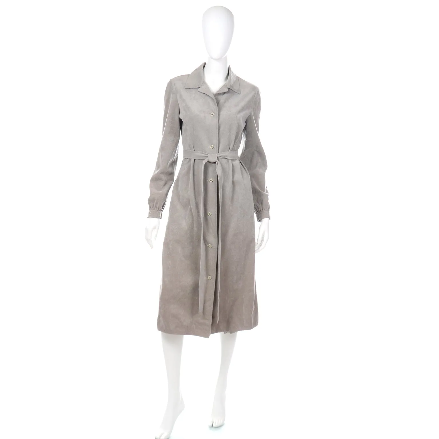 1970s Halston Vintage Grey Ultrasuede Coat Dress with Belt