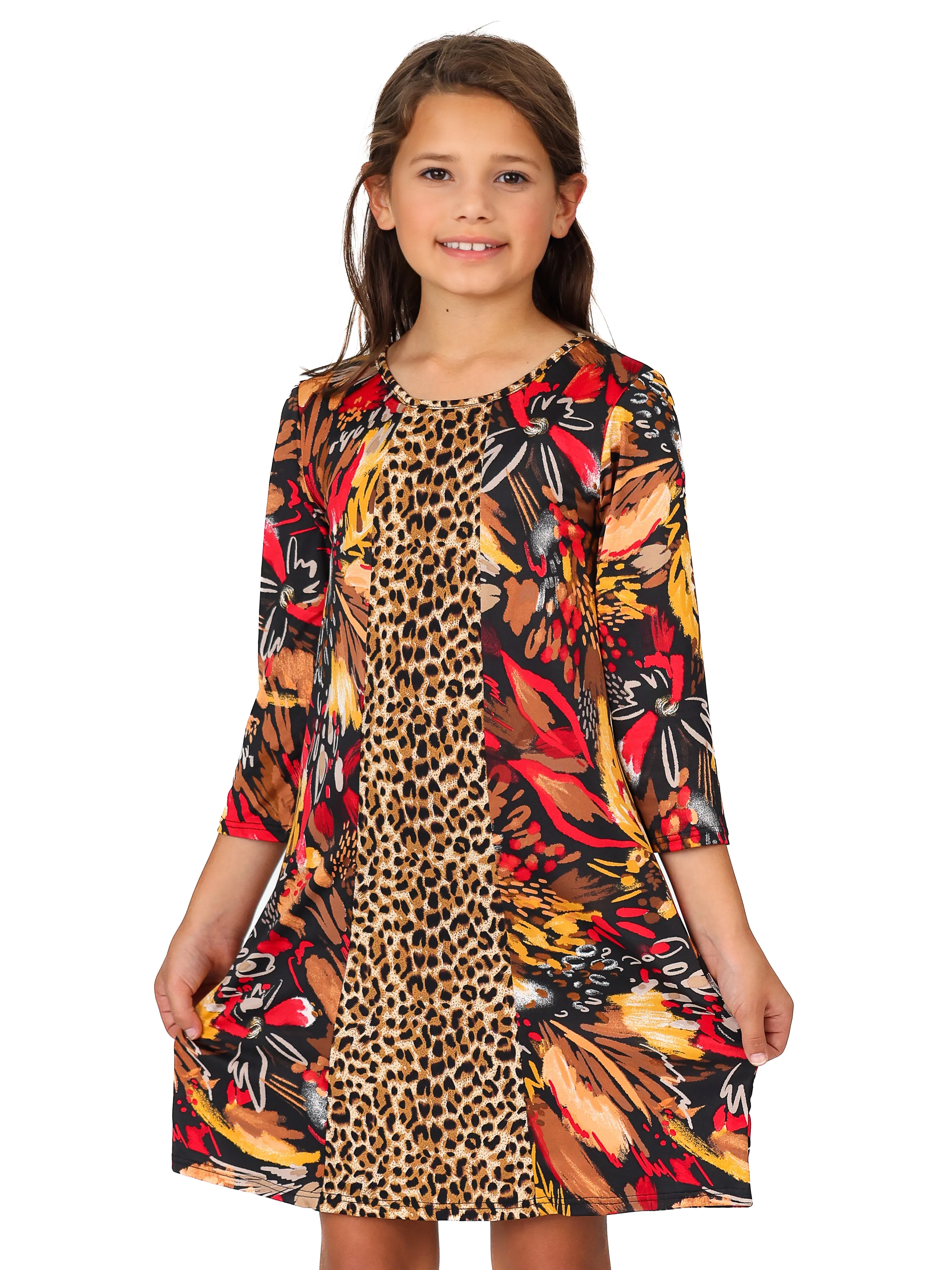 24seven Comfort Apparel Red Multiprint Knee Length Girls Fall Dress