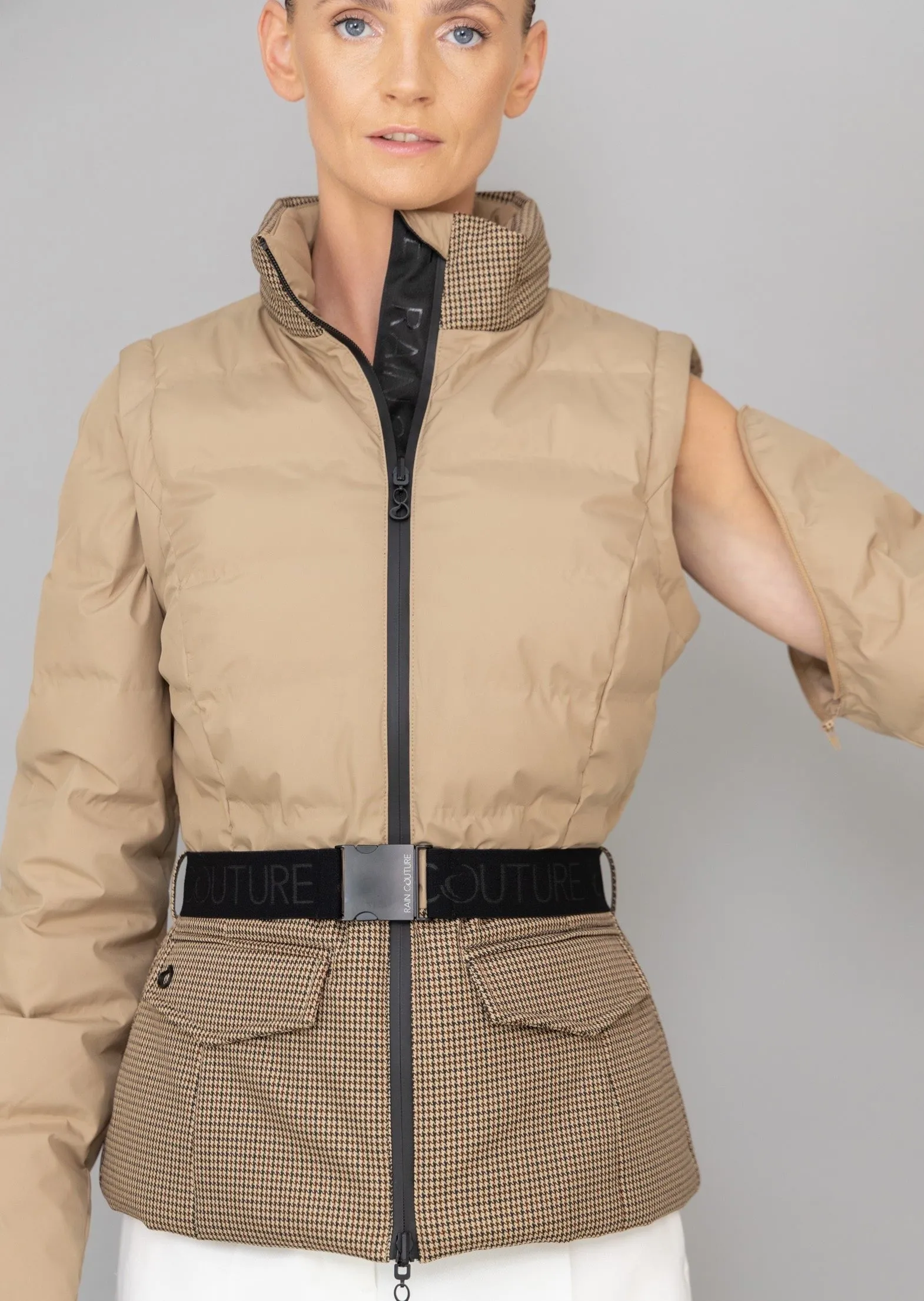 3-in-1 Down Jacket & Bodywarmer - Beige Check