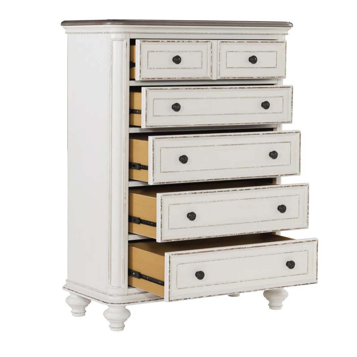 5-Drawer Oak Veneer Chest, Antique White & Brown-Gray Finish