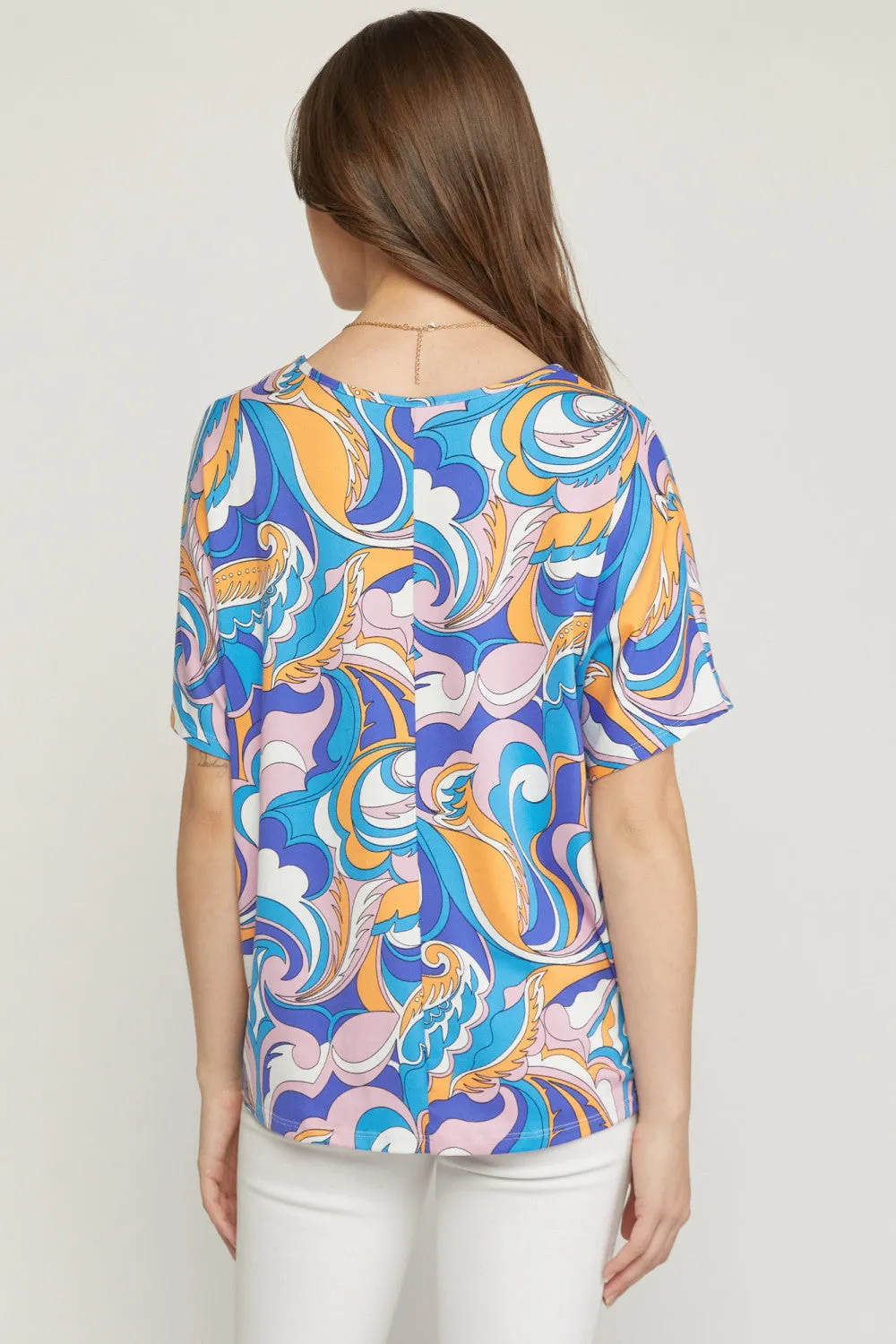 Abstract V-Neck Top, Blue