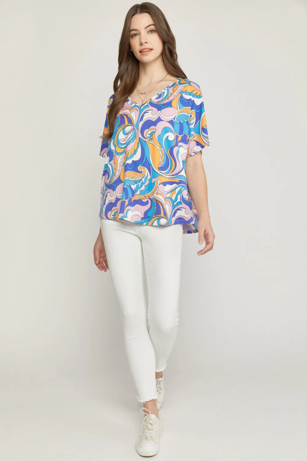 Abstract V-Neck Top, Blue