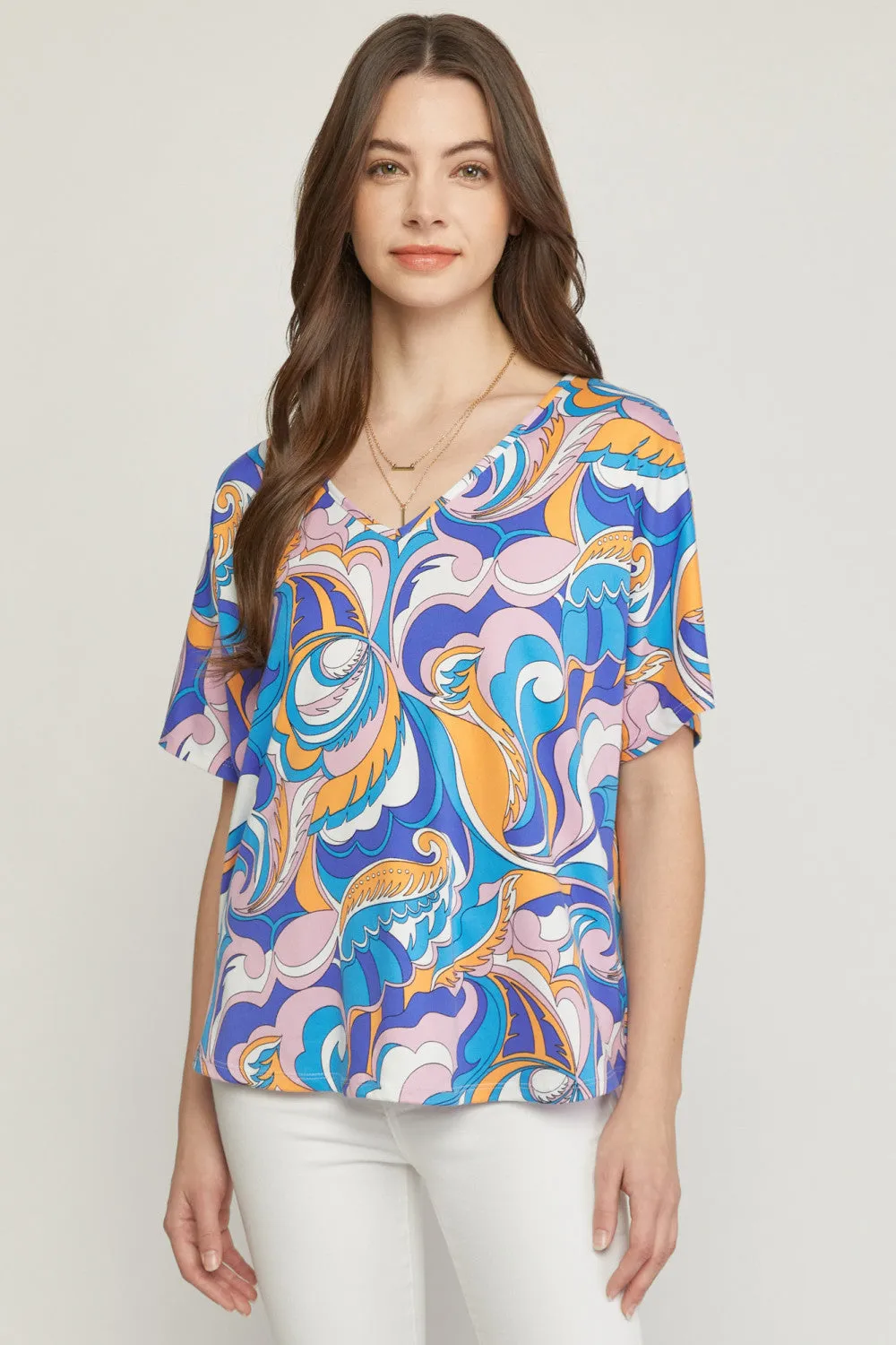 Abstract V-Neck Top, Blue