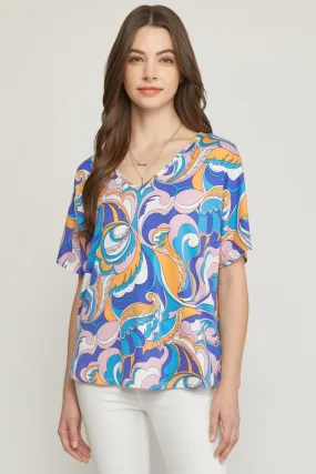 Abstract V-Neck Top, Blue