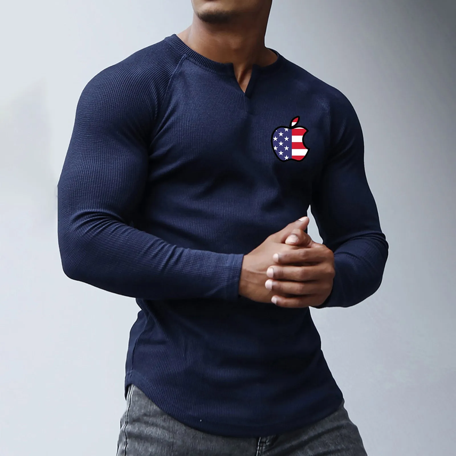 APPLE USA FLAG WAFFLE GRAPHIC HENLEY NECK LONG SLEEVE T-SHIRT