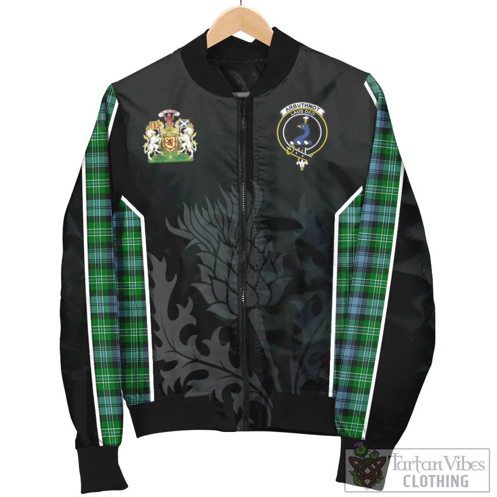 Arbuthnot Ancient Tartan Bomber Jacket with Family Crest and Scottish Thistle Vibes Sport Style