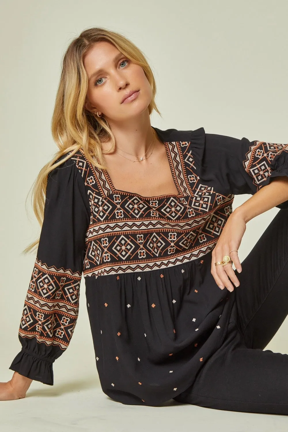 Aztec Embroidered Babydoll Top