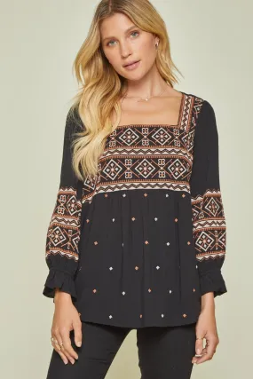 Aztec Embroidered Babydoll Top