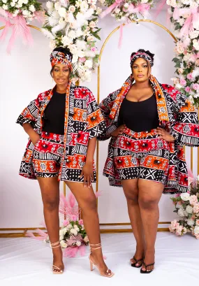 Back in Stock - 3pcs African Print Short Kimono Jacket, Shorts and Headwrap Set- Raluchi