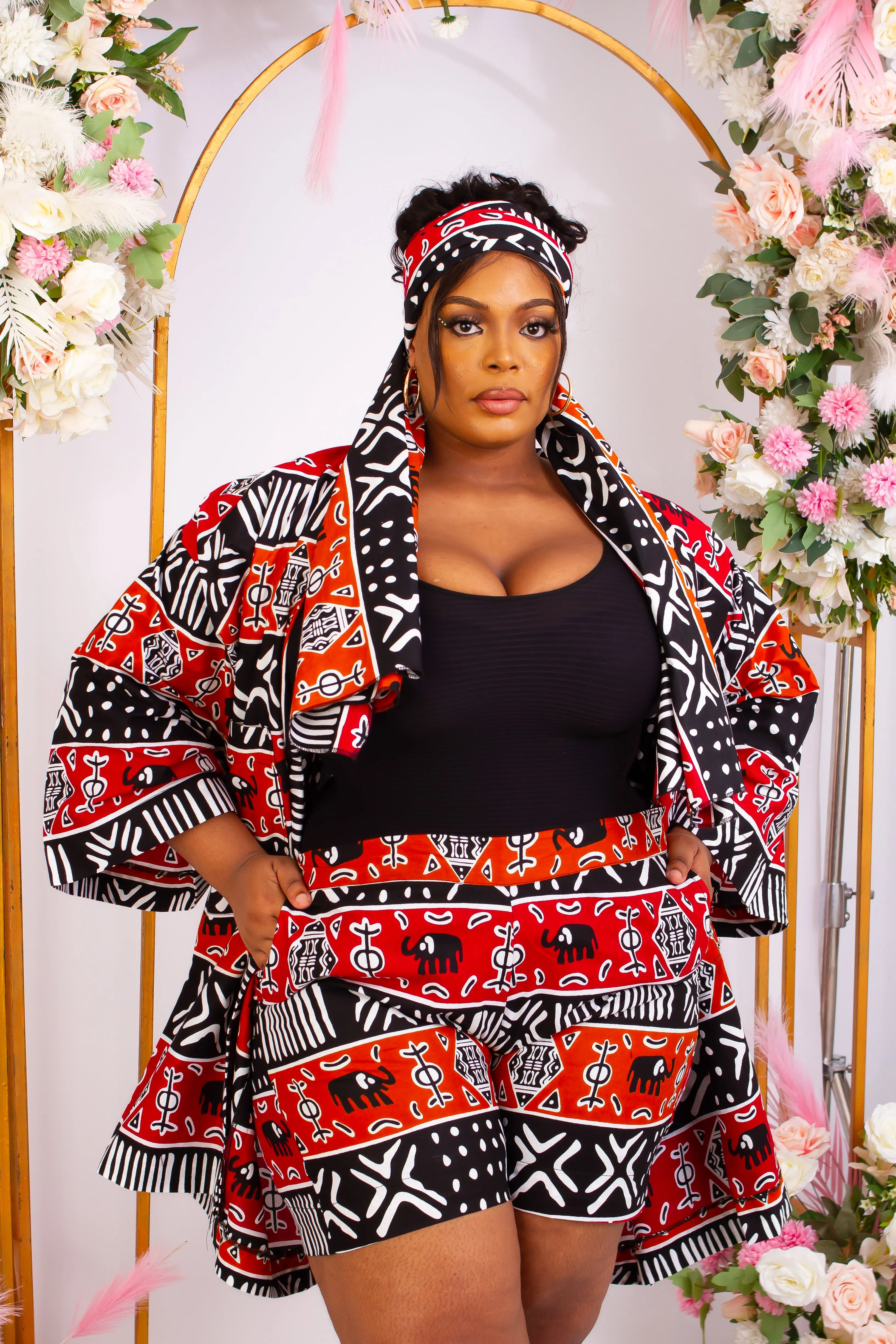 Back in Stock - 3pcs African Print Short Kimono Jacket, Shorts and Headwrap Set- Raluchi