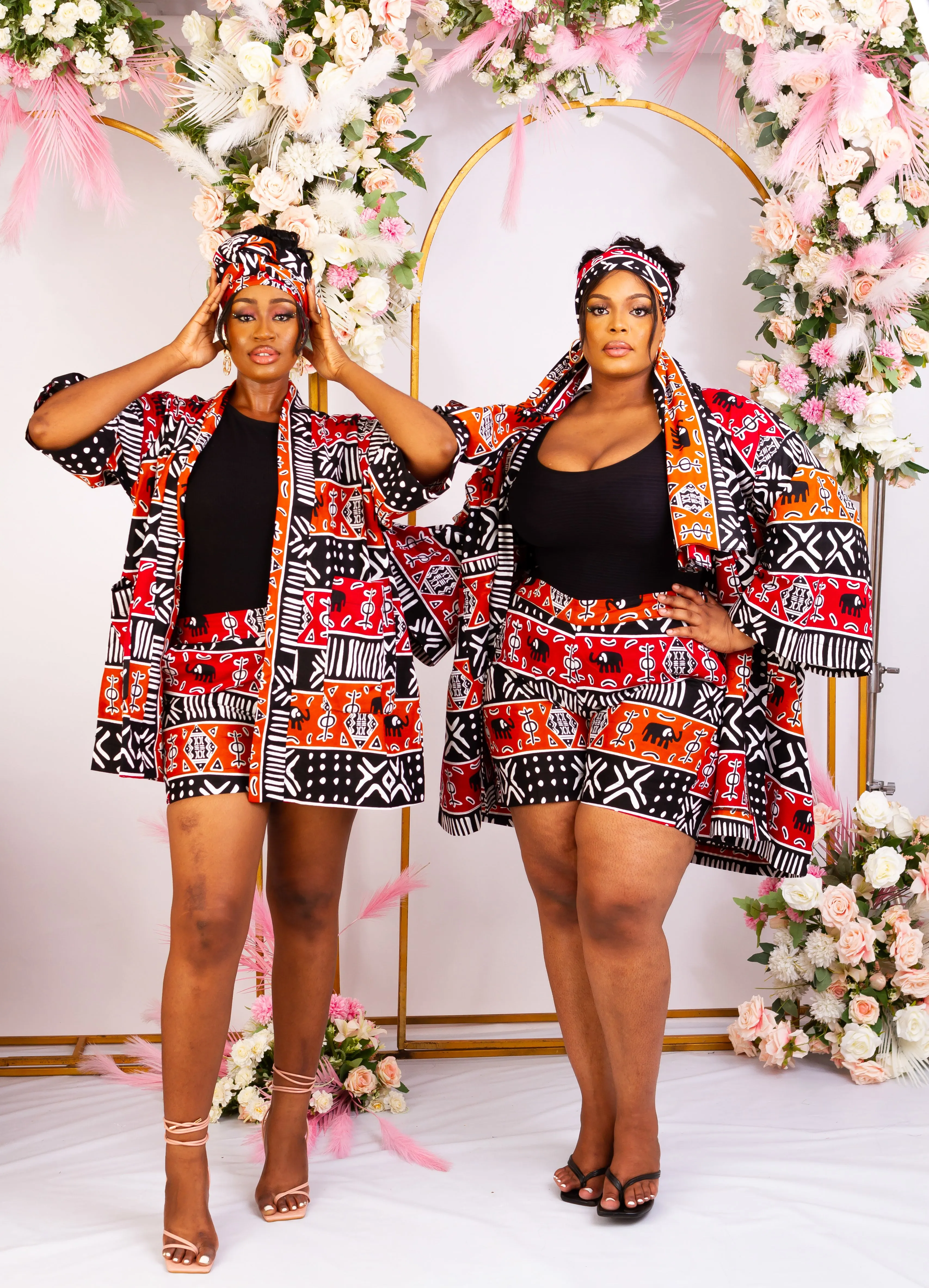 Back in Stock - 3pcs African Print Short Kimono Jacket, Shorts and Headwrap Set- Raluchi