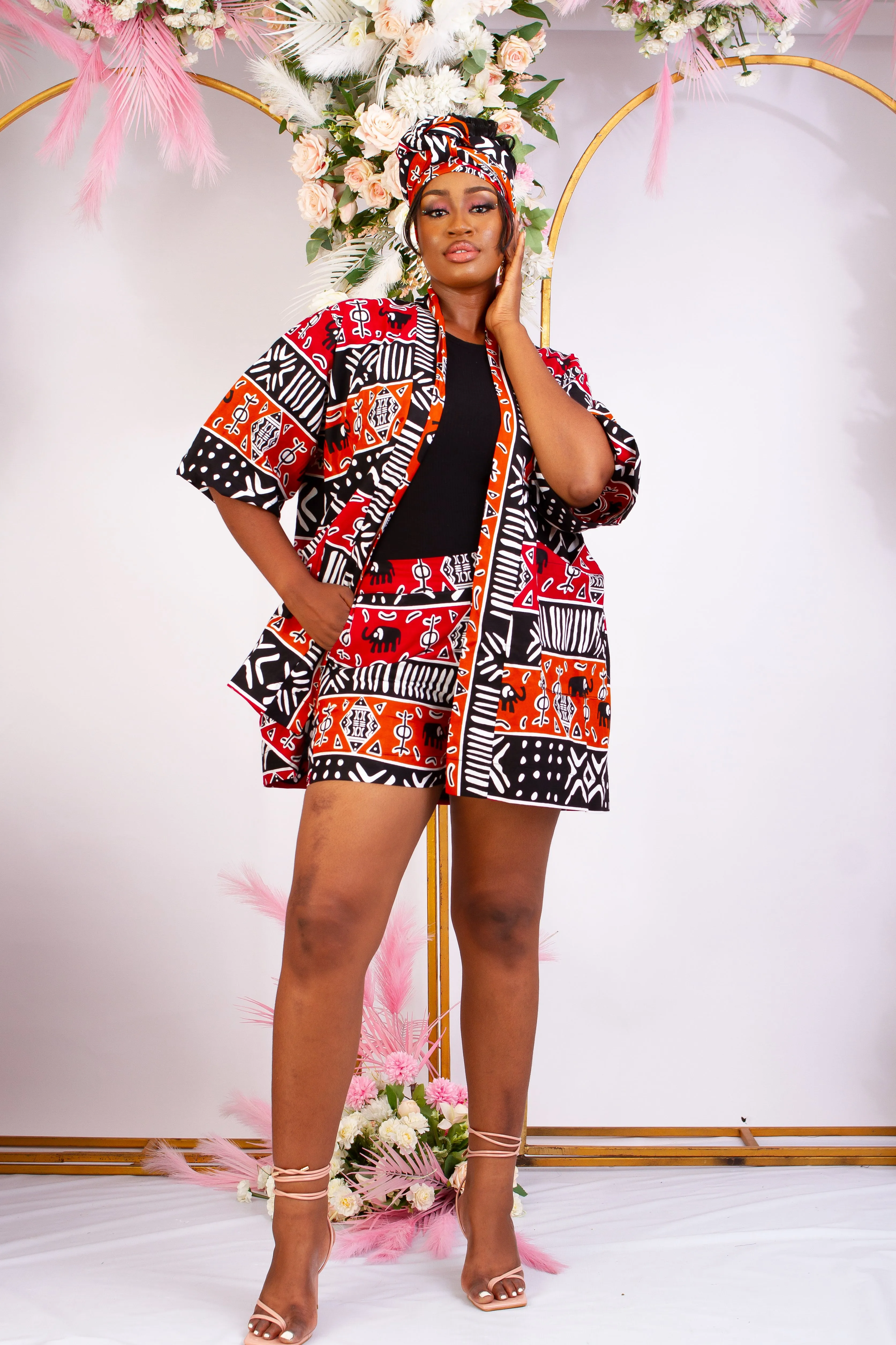 Back in Stock - 3pcs African Print Short Kimono Jacket, Shorts and Headwrap Set- Raluchi