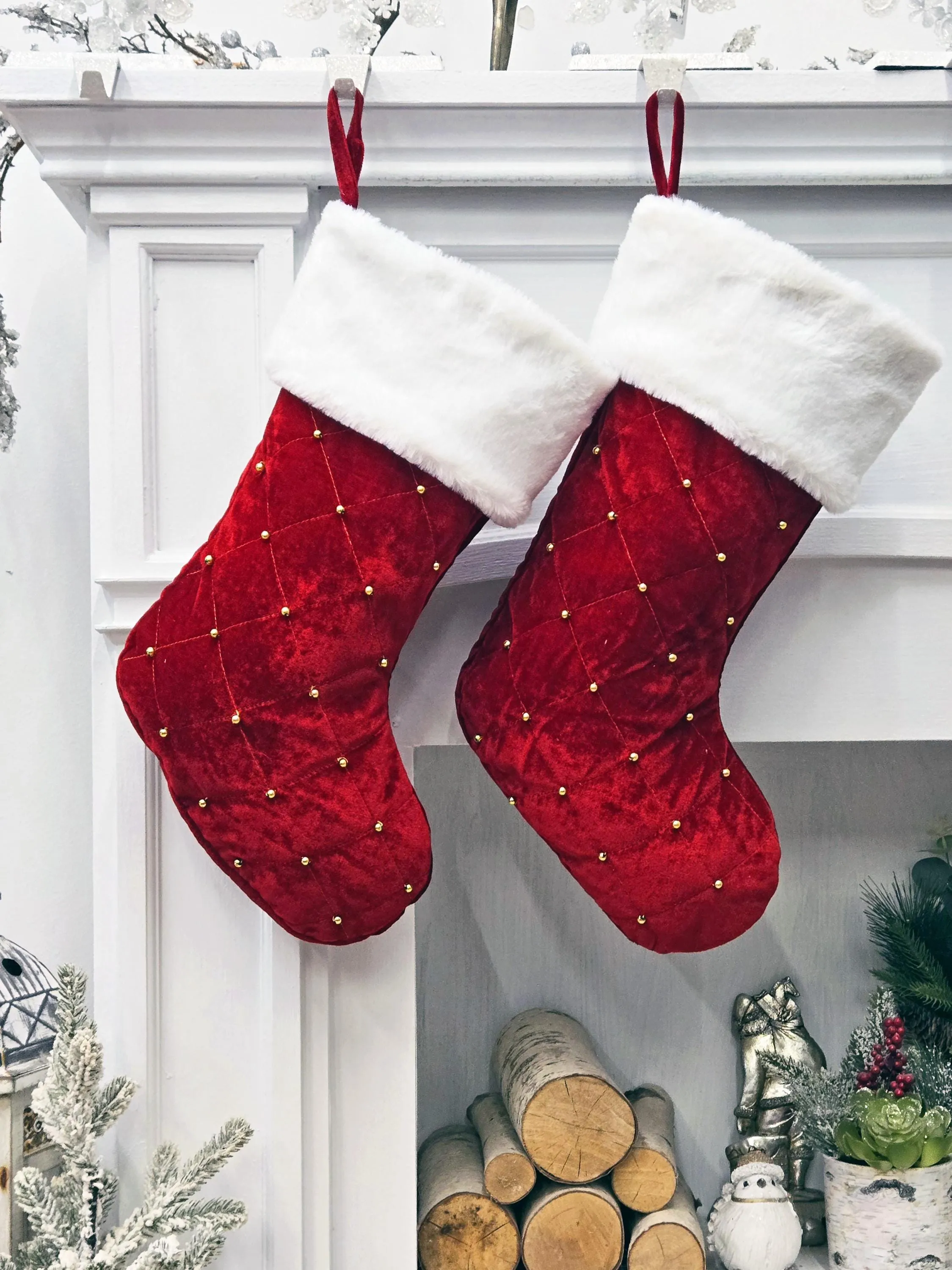 Beaded Red Gold Christmas Stockings | Vintage Red Quilted  Stocking Plush White Top Diamond Body Personalized Embroidered Name or Tag