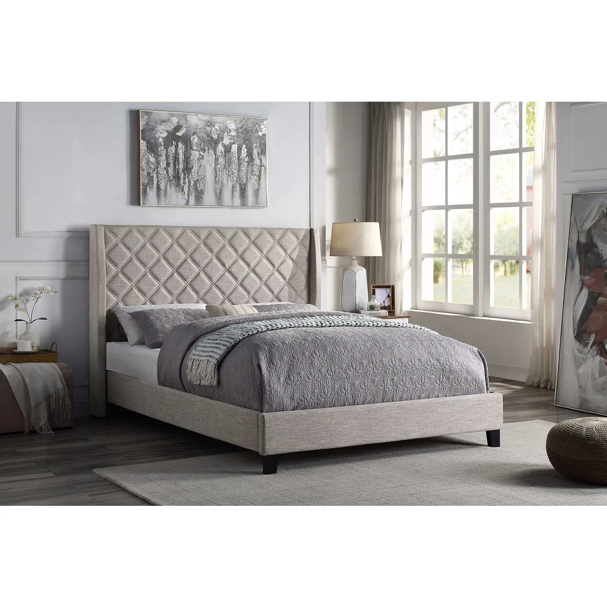 Beige Diamond-Quilted King Upholstered Platform Bed