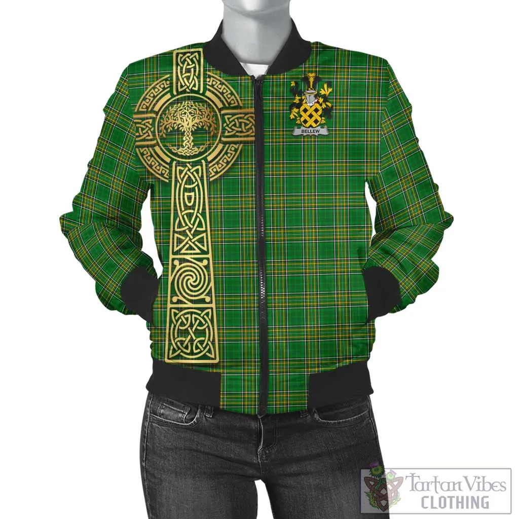 Bellew Irish Clan Tartan Bomber Jacket with Coat of Arms Celtic Tree of Life Style