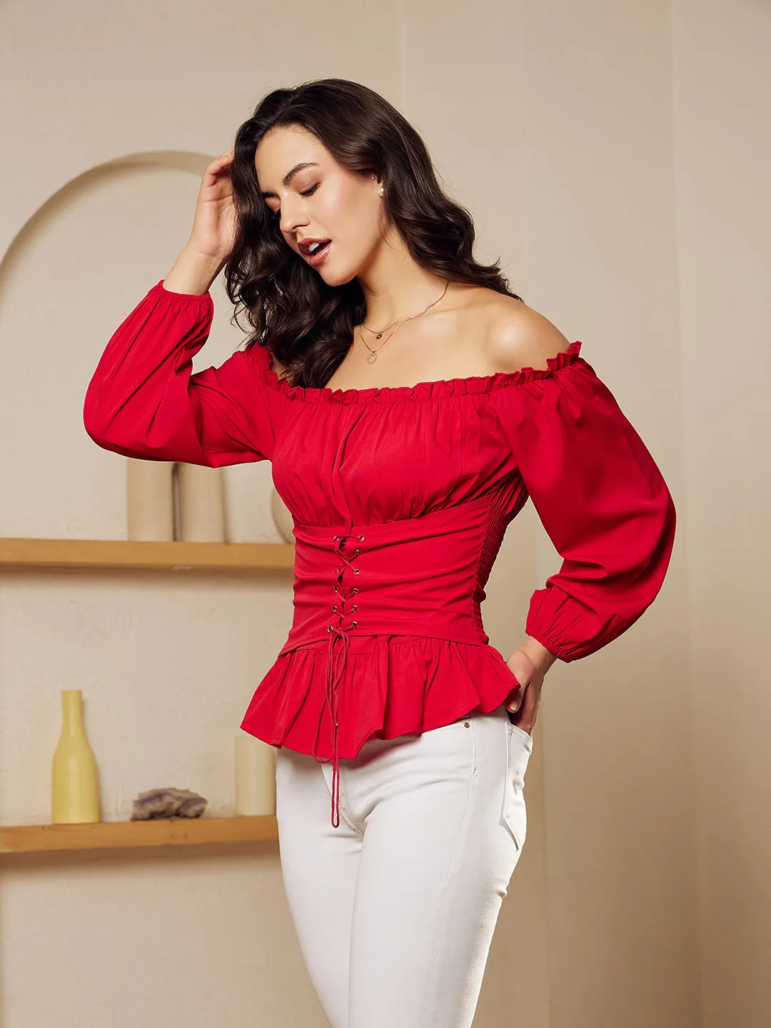 Berrylush Women Red Solid Off-Shoulder Neck Bishop Sleeves Lace-Up Crepe Smocked Crop Peplum Top