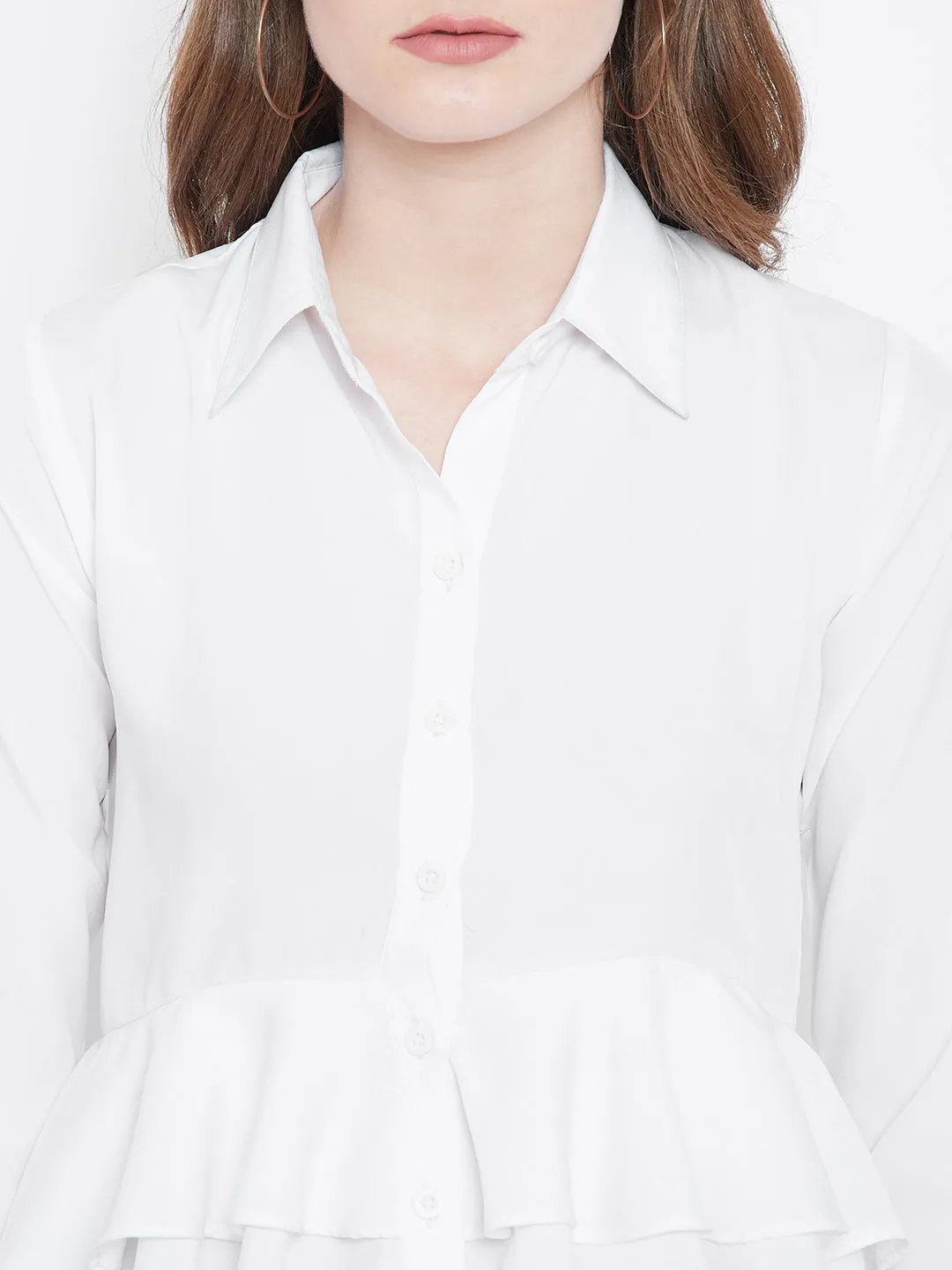 Berrylush Women Solid White Collared Neck Button-Up Longline Shirt Style Top