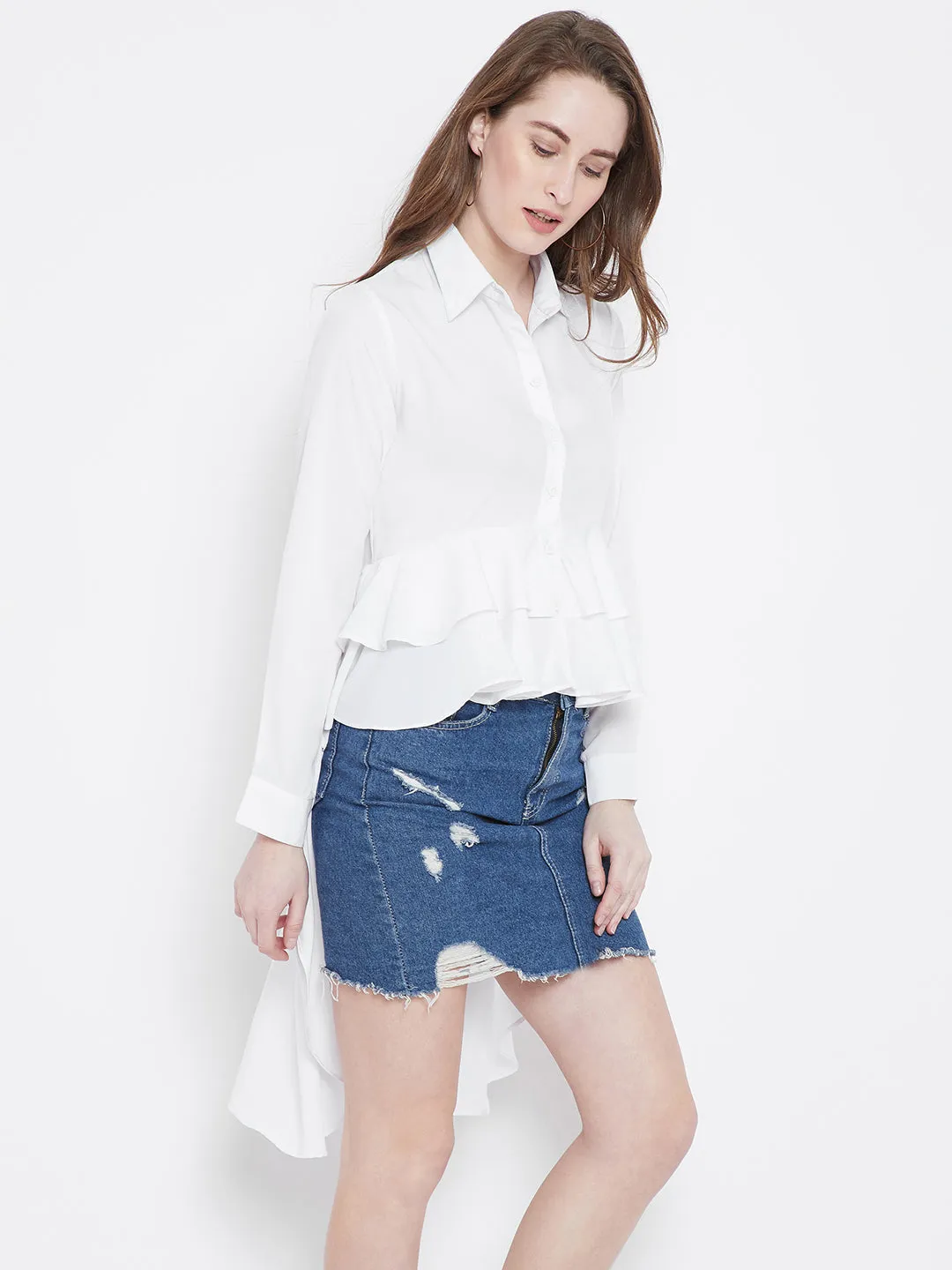 Berrylush Women Solid White Collared Neck Button-Up Longline Shirt Style Top