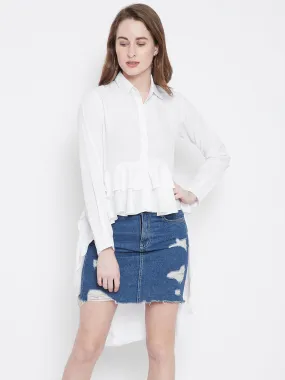 Berrylush Women Solid White Collared Neck Button-Up Longline Shirt Style Top