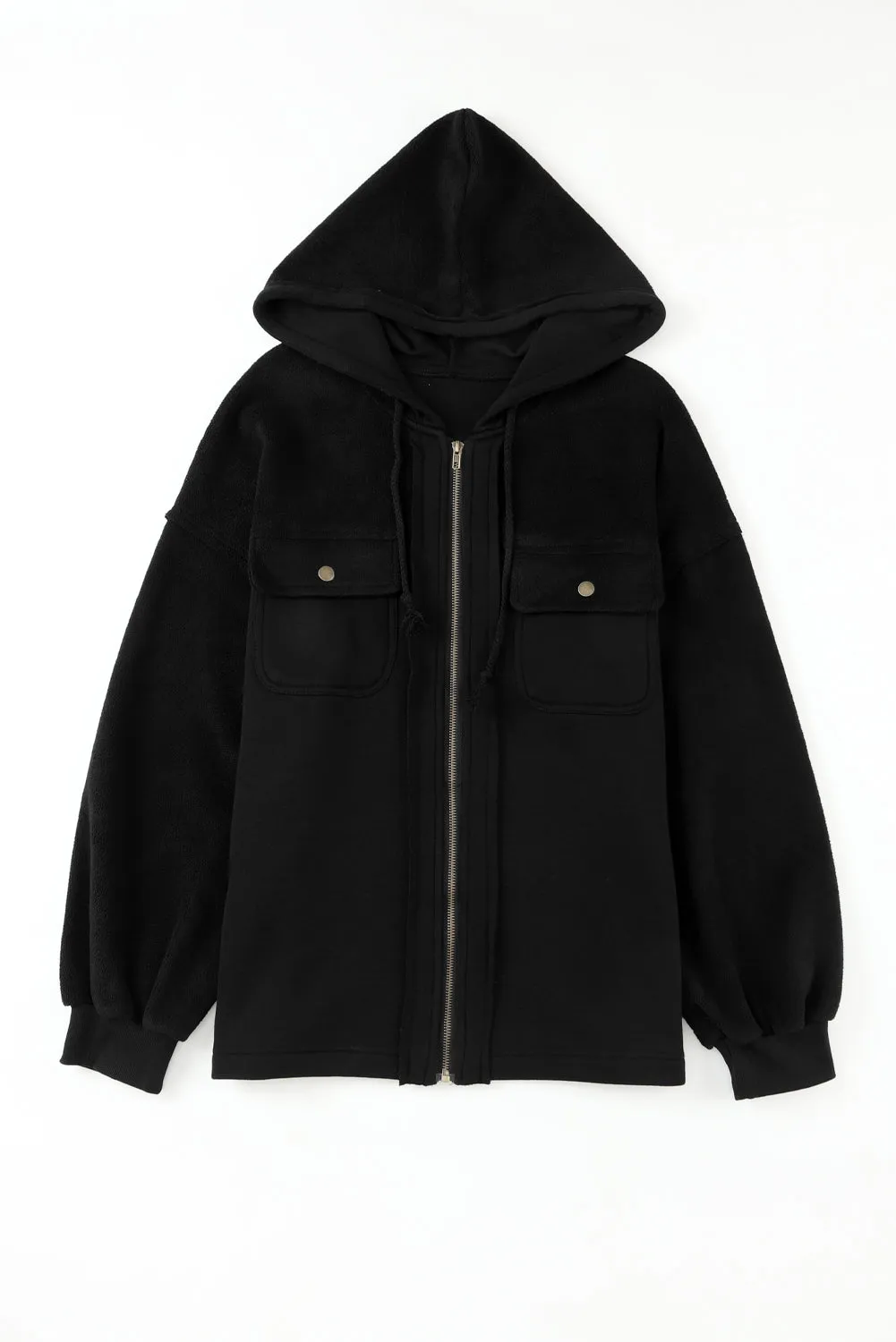 Black Bishop Sleeve Zip Up Hoodie Jacket with Flap Pockets