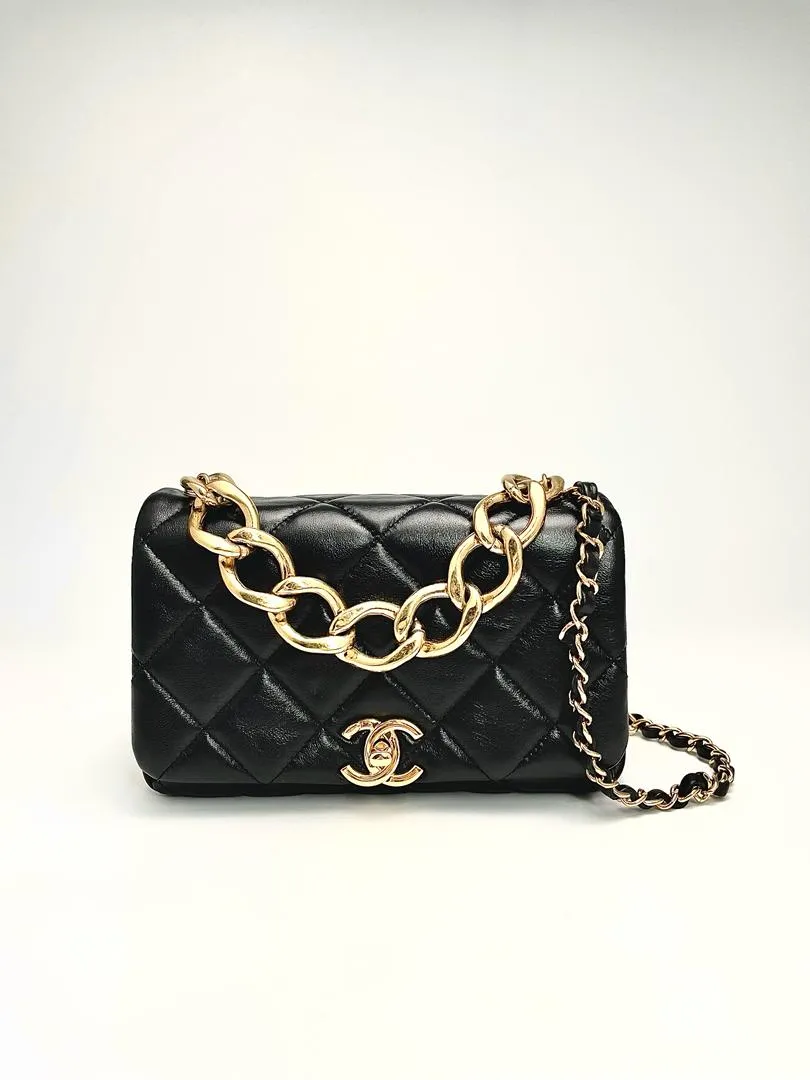 Black Lambskin Quilted Resin Bi-Color Chain Flap Bag