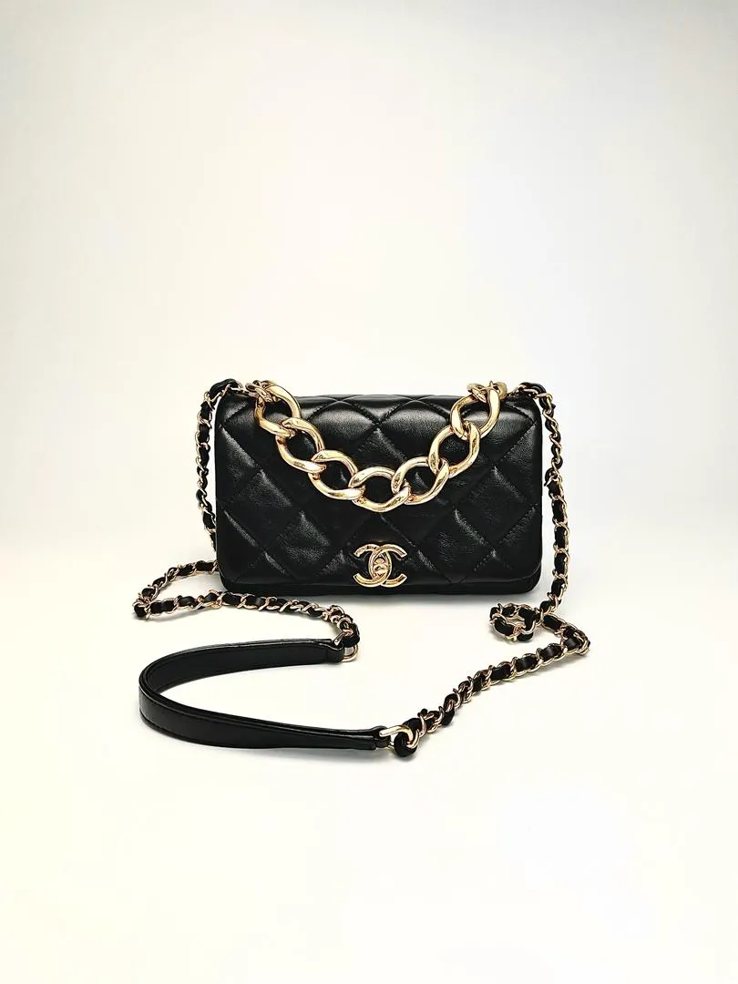 Black Lambskin Quilted Resin Bi-Color Chain Flap Bag