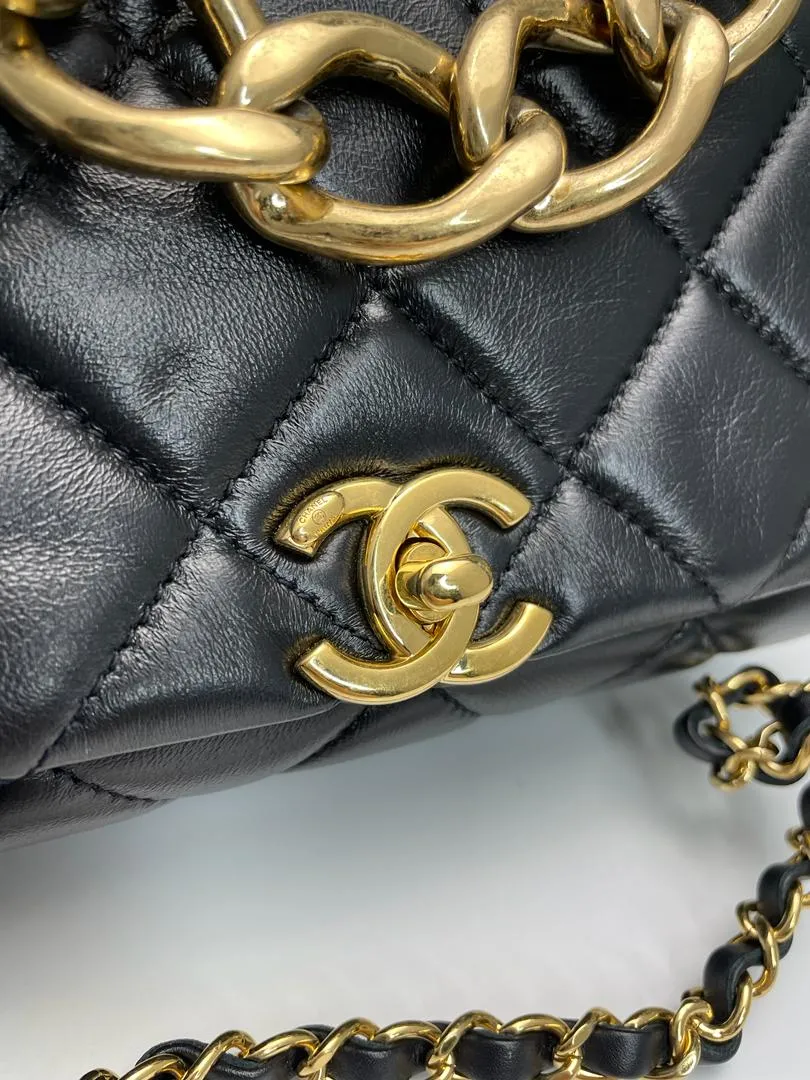 Black Lambskin Quilted Resin Bi-Color Chain Flap Bag