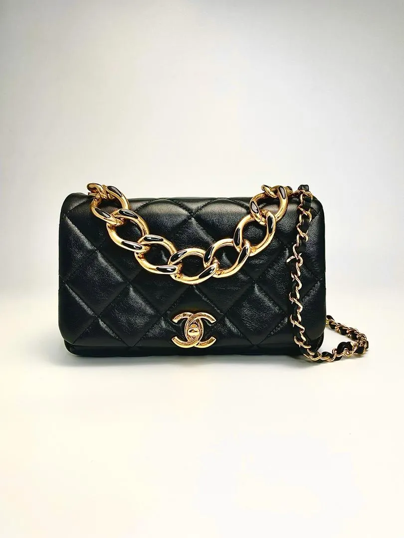 Black Lambskin Quilted Resin Bi-Color Chain Flap Bag