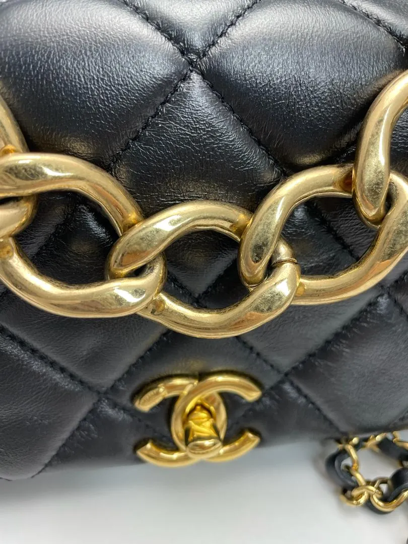 Black Lambskin Quilted Resin Bi-Color Chain Flap Bag