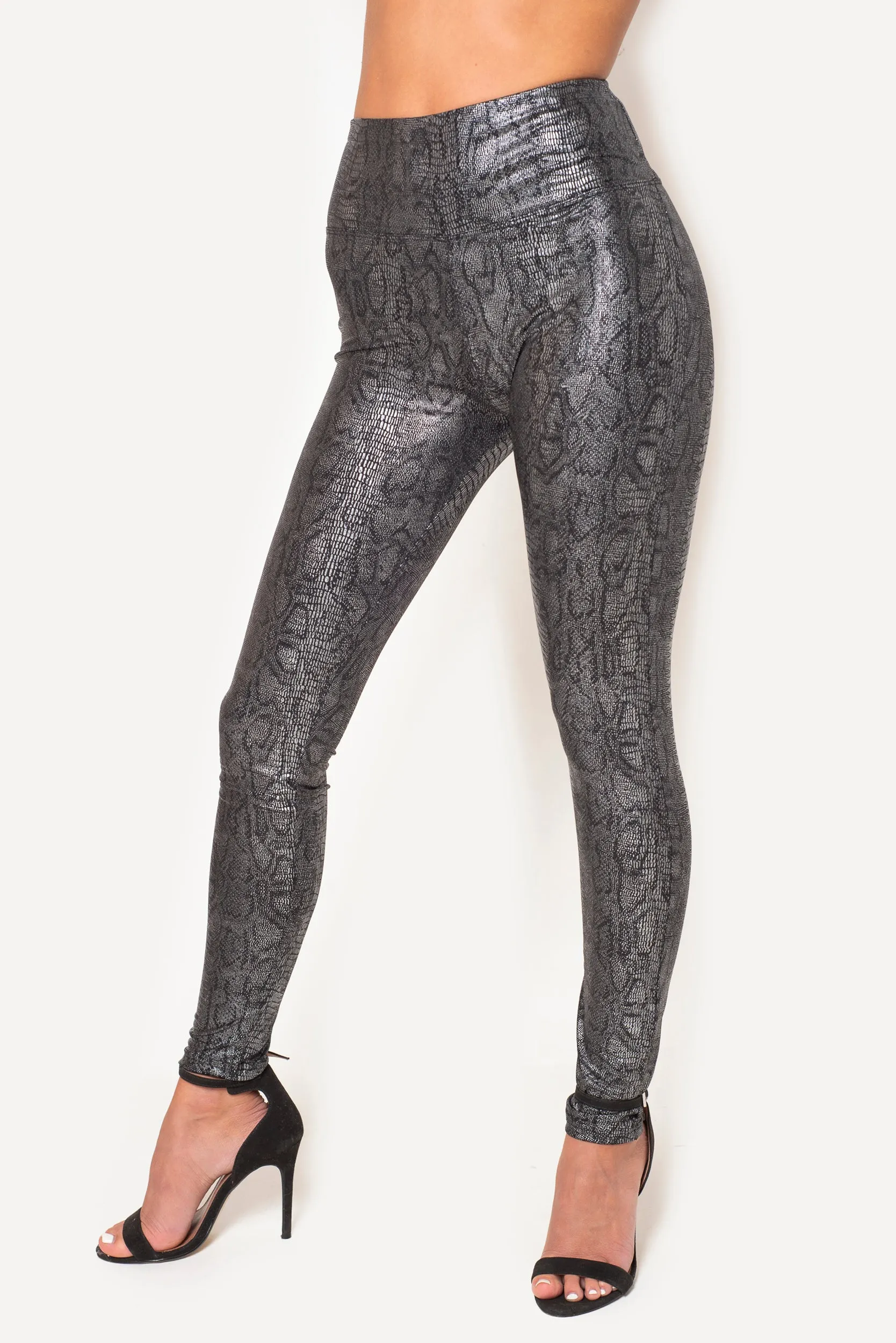 BLACK SNAKESKIN FAUX LEATHER LEGGINGS