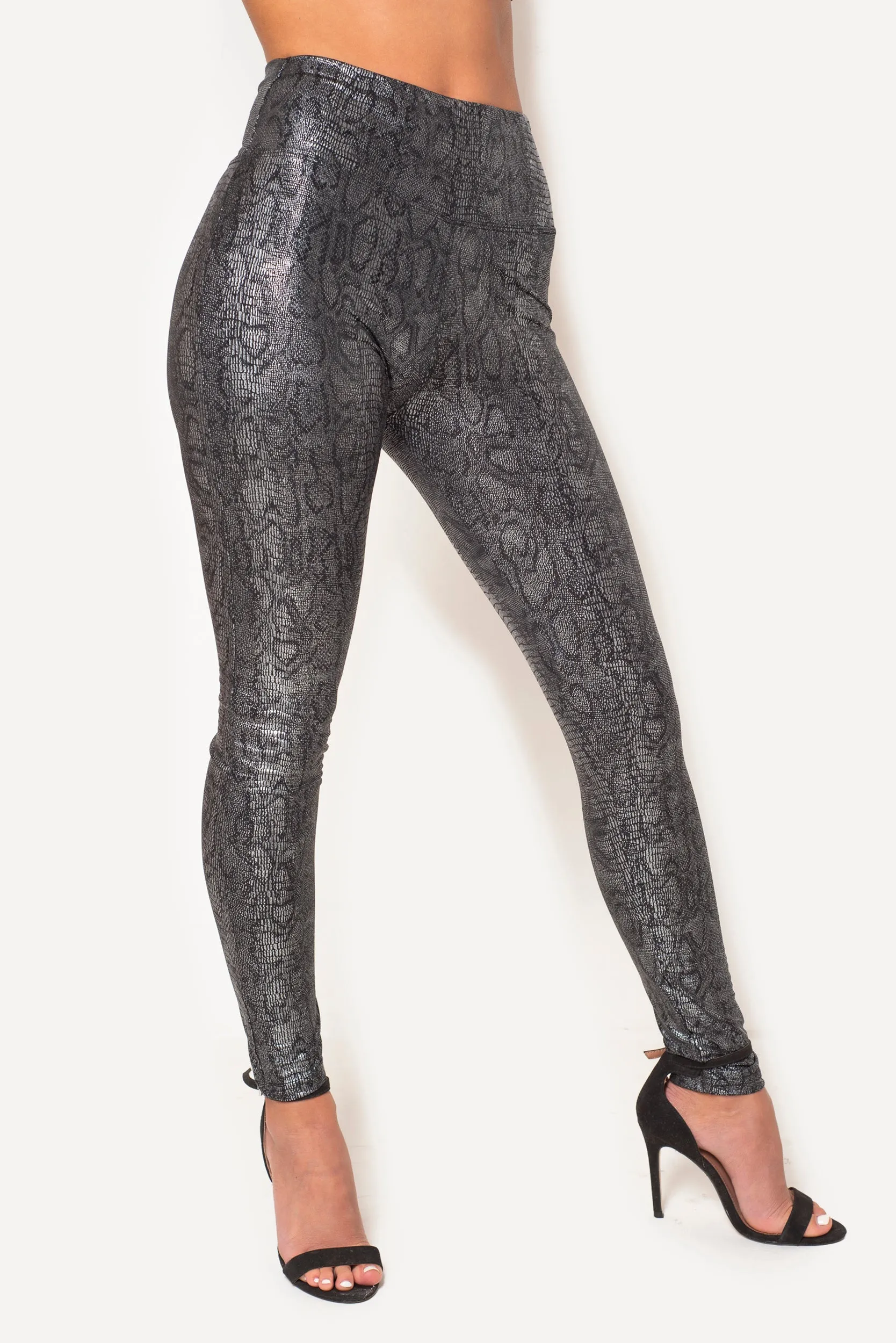 BLACK SNAKESKIN FAUX LEATHER LEGGINGS