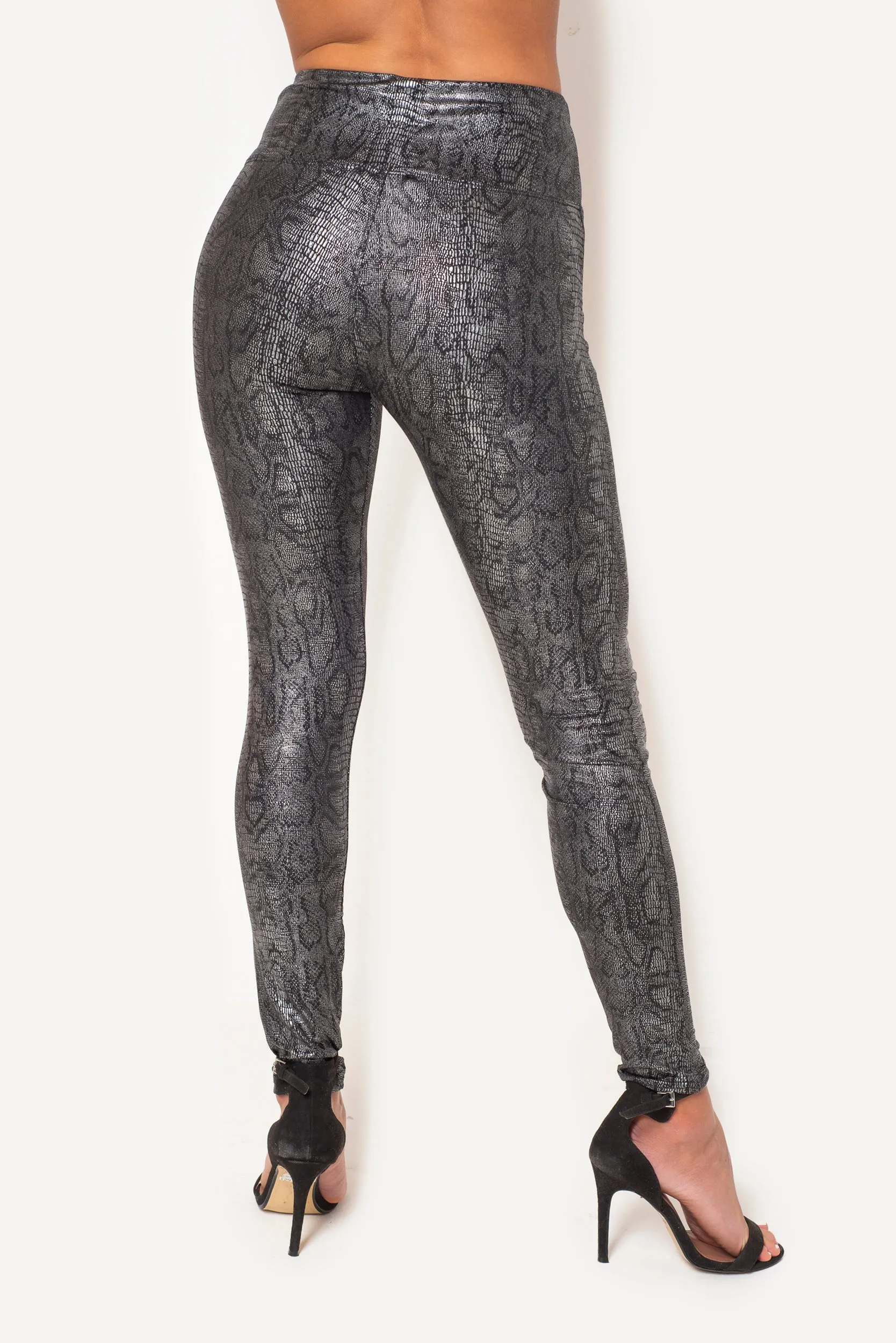 BLACK SNAKESKIN FAUX LEATHER LEGGINGS