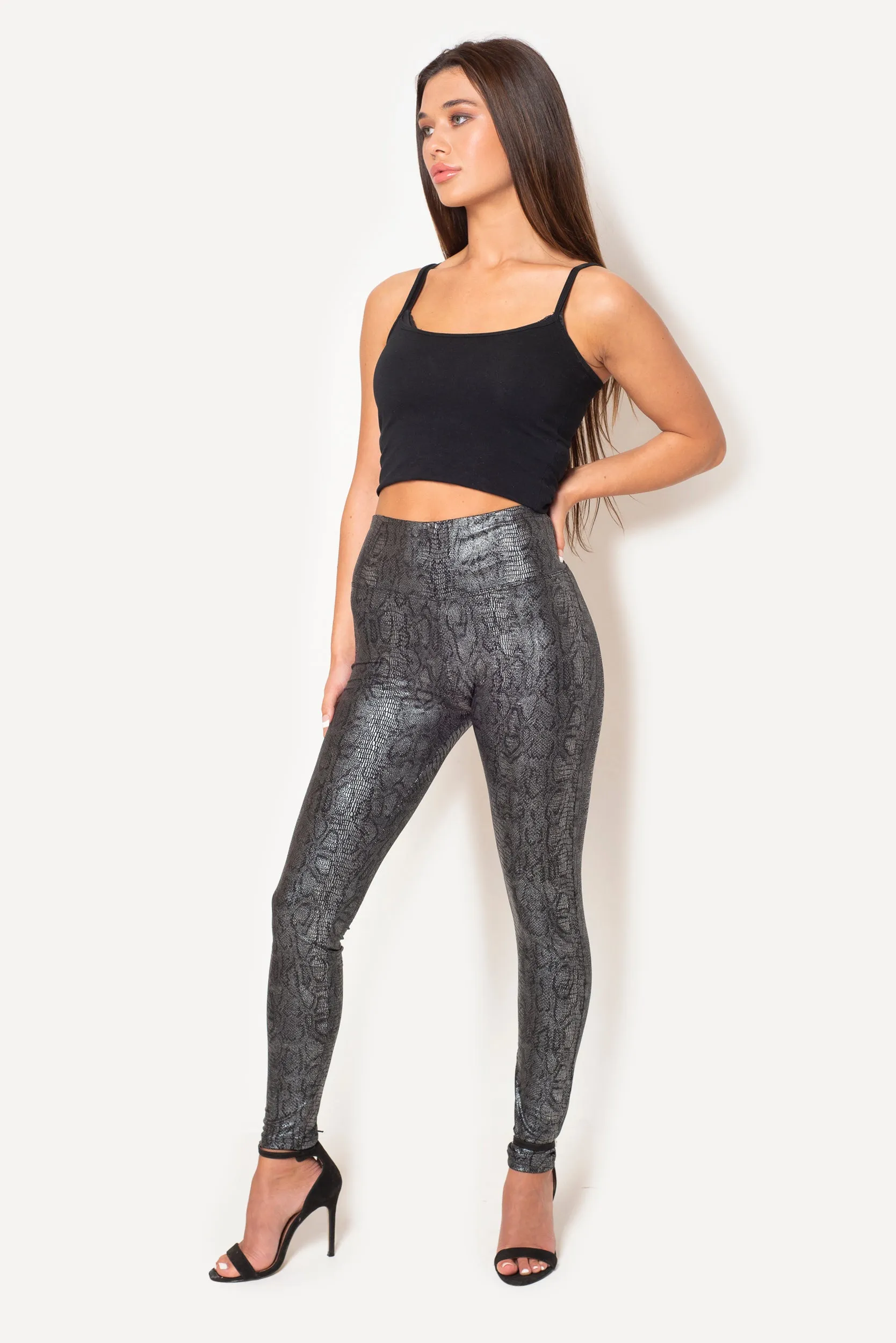 BLACK SNAKESKIN FAUX LEATHER LEGGINGS