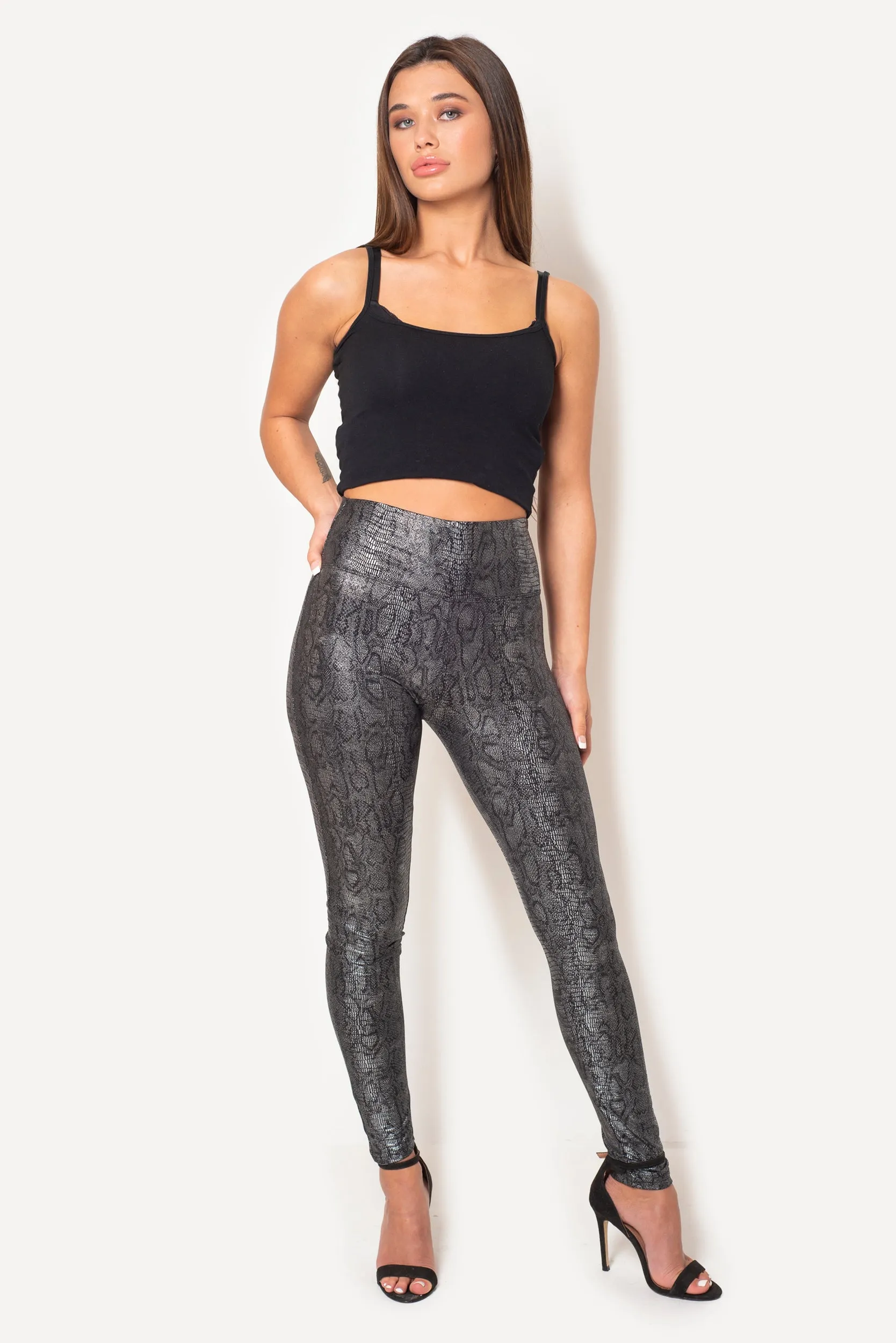 BLACK SNAKESKIN FAUX LEATHER LEGGINGS