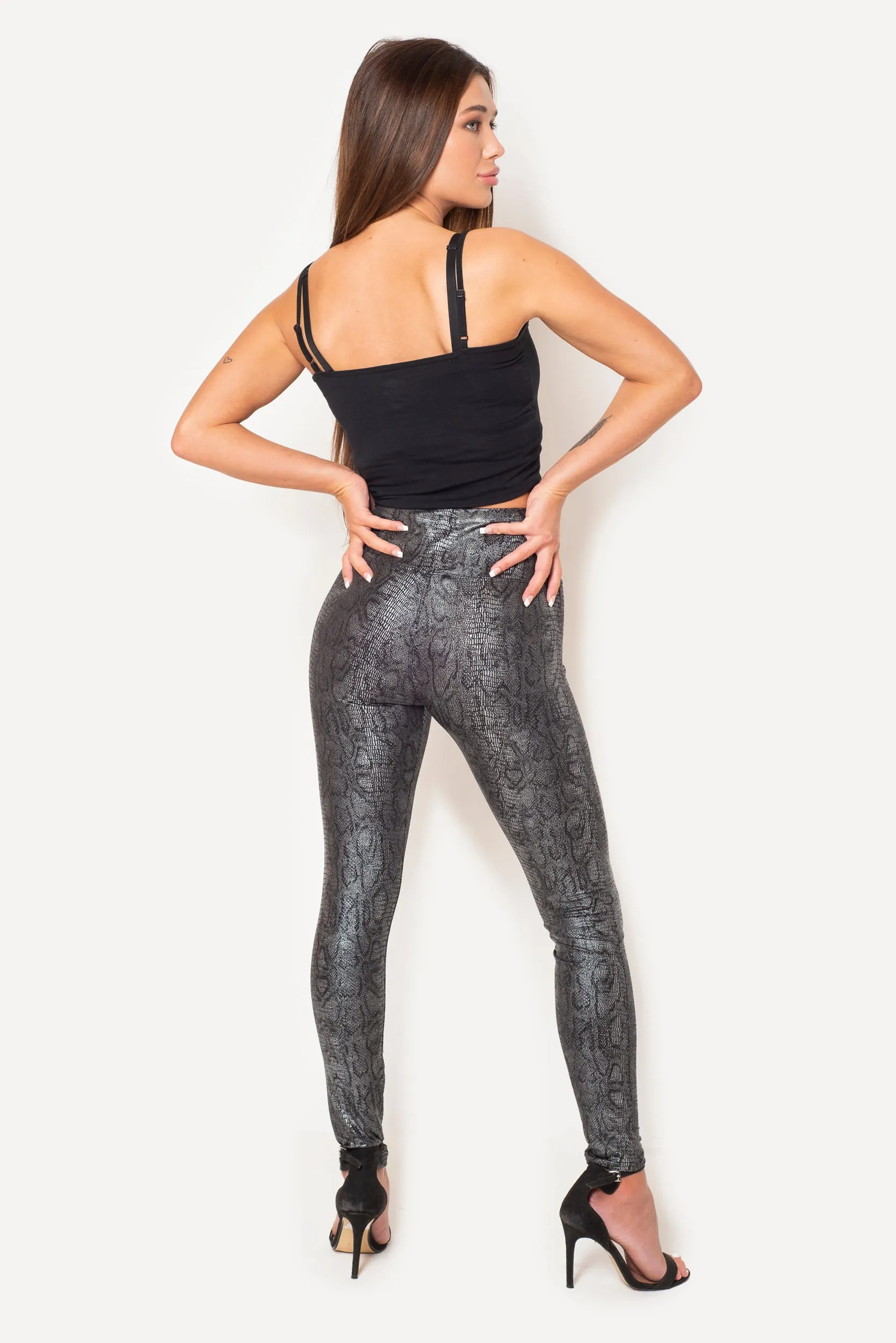 BLACK SNAKESKIN FAUX LEATHER LEGGINGS