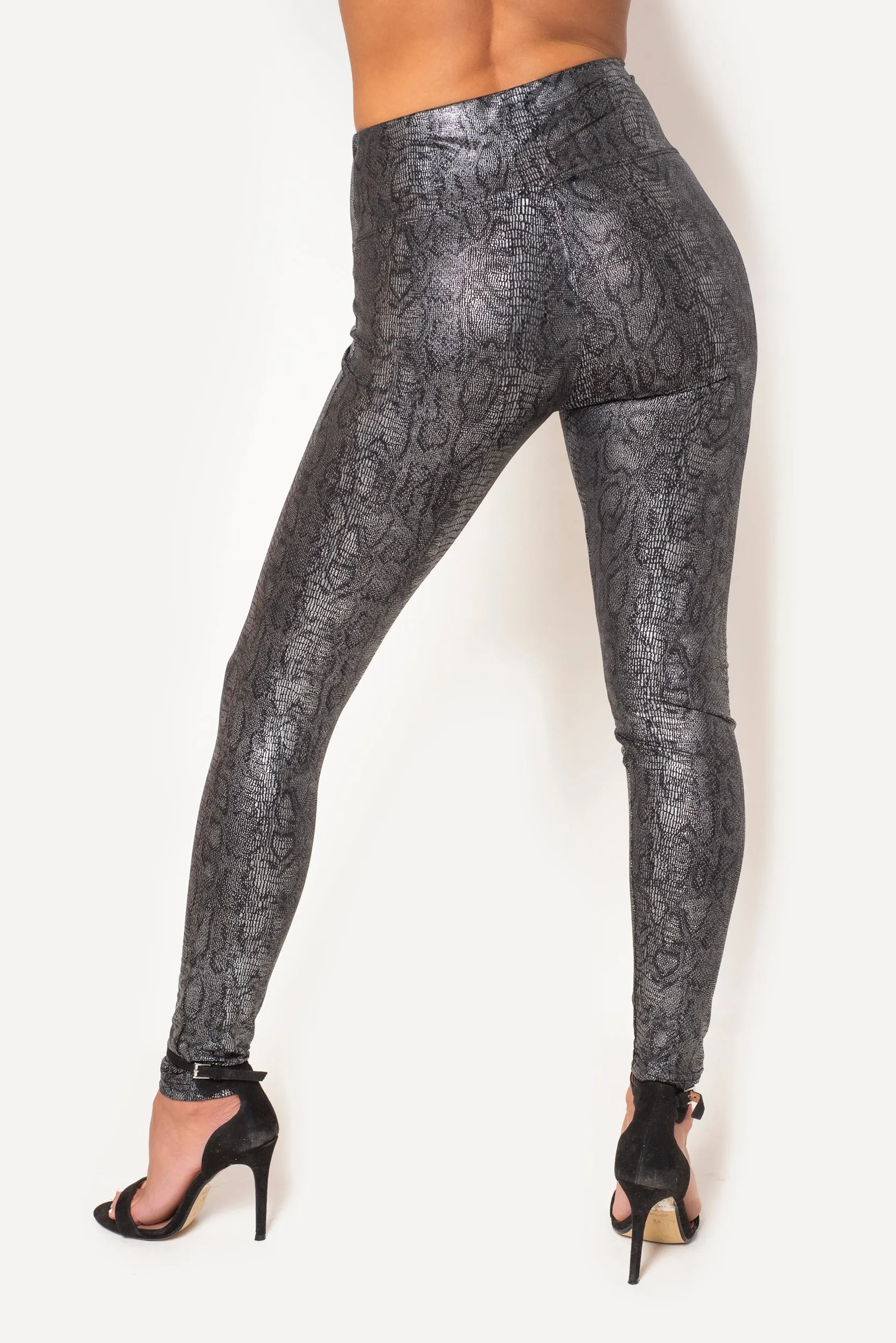 BLACK SNAKESKIN FAUX LEATHER LEGGINGS