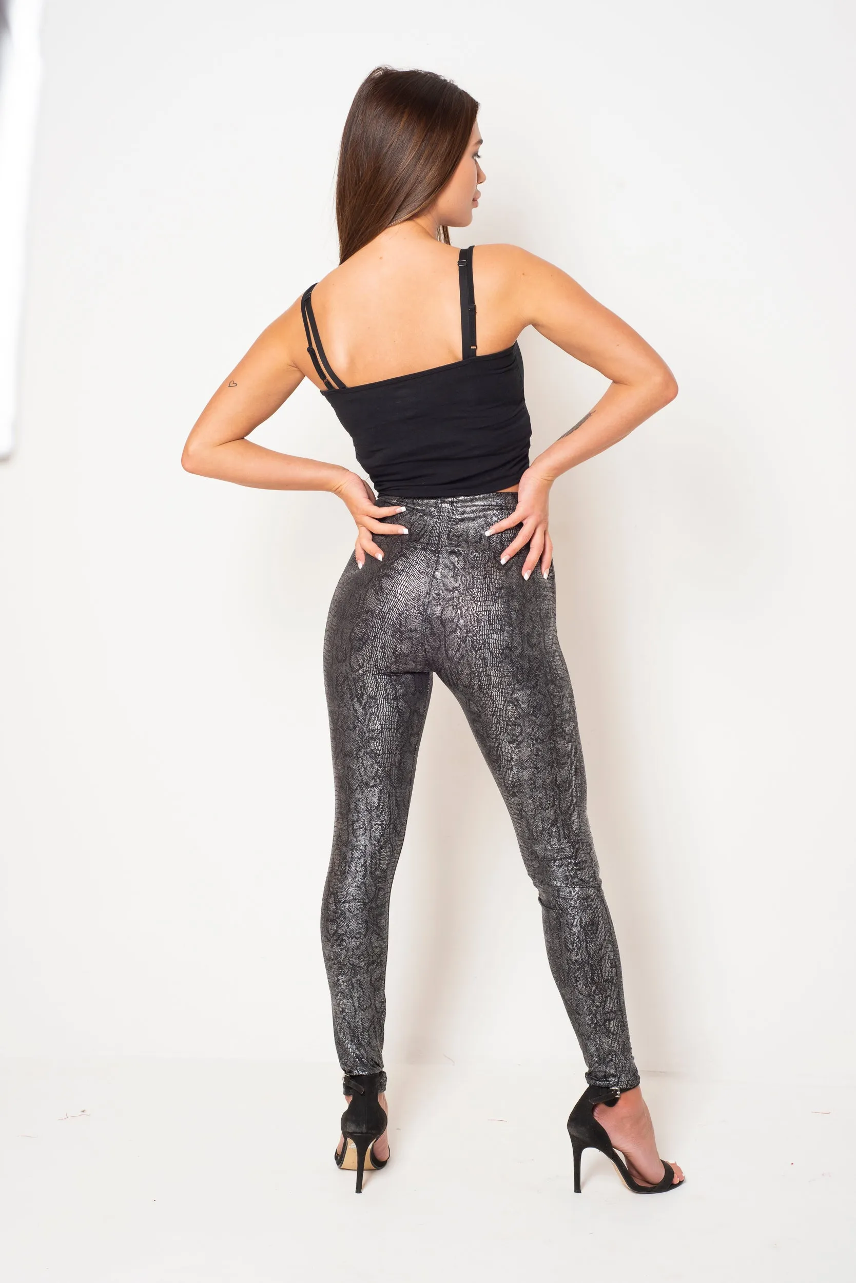 BLACK SNAKESKIN FAUX LEATHER LEGGINGS