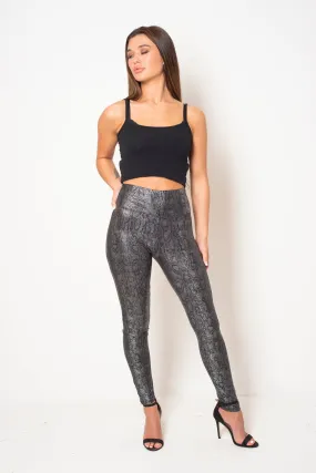 BLACK SNAKESKIN FAUX LEATHER LEGGINGS