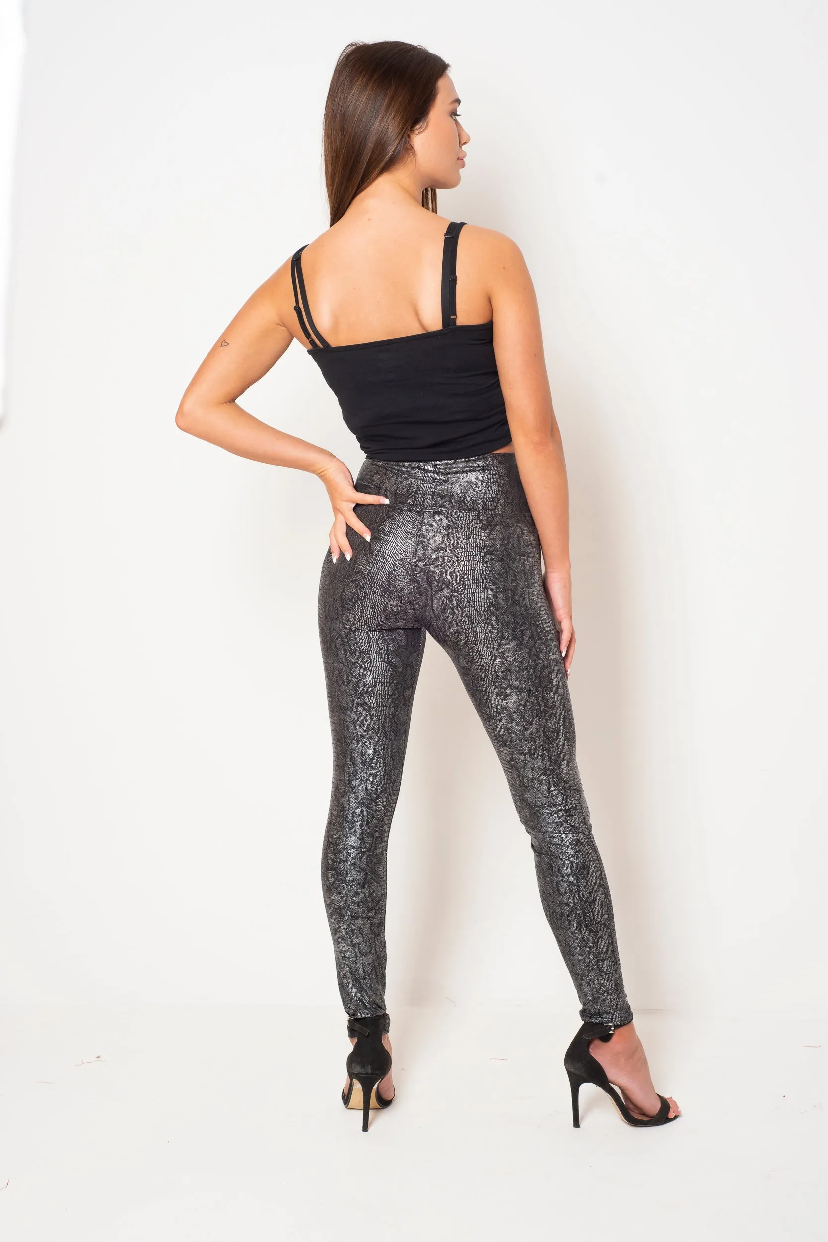 BLACK SNAKESKIN FAUX LEATHER LEGGINGS