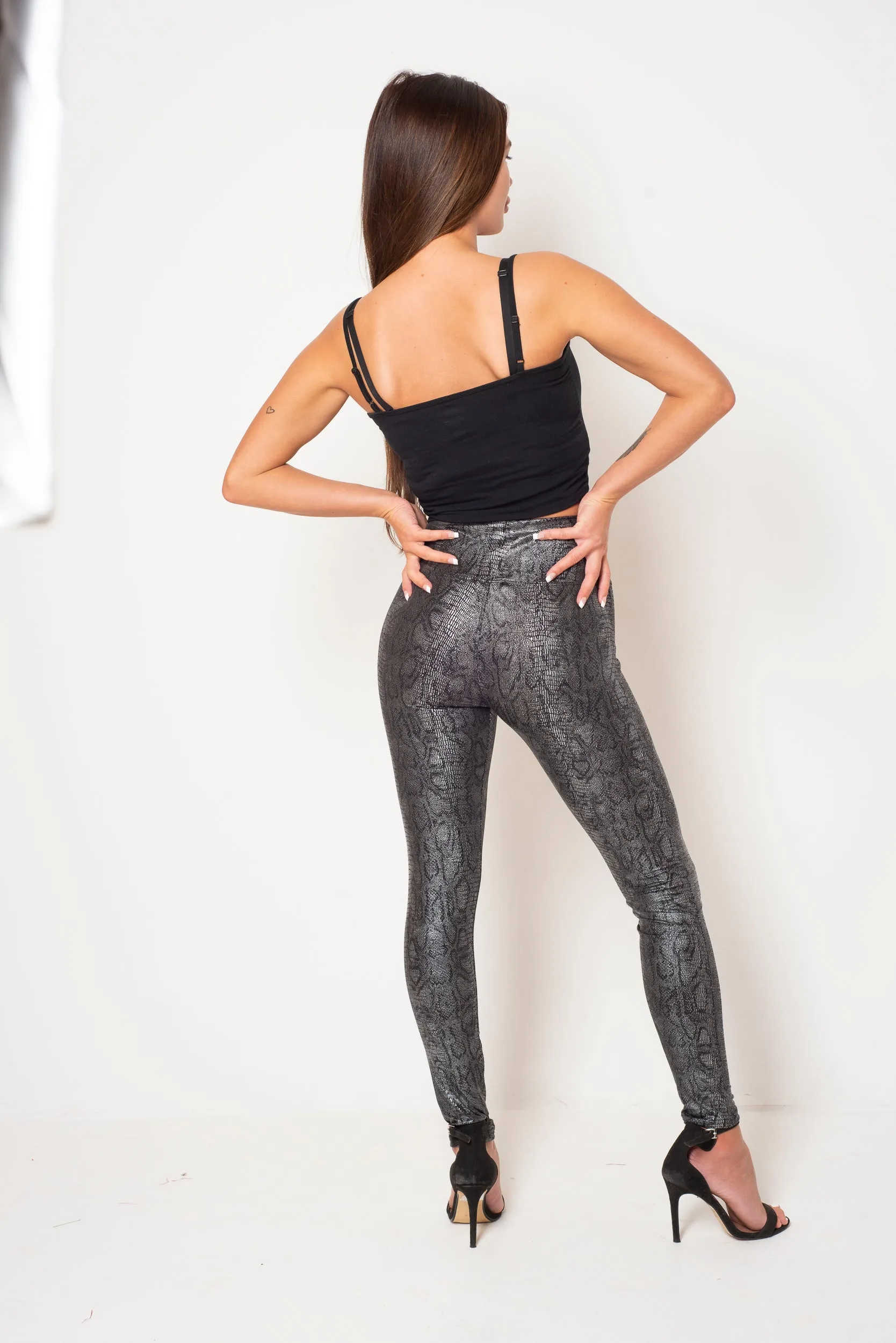 BLACK SNAKESKIN FAUX LEATHER LEGGINGS