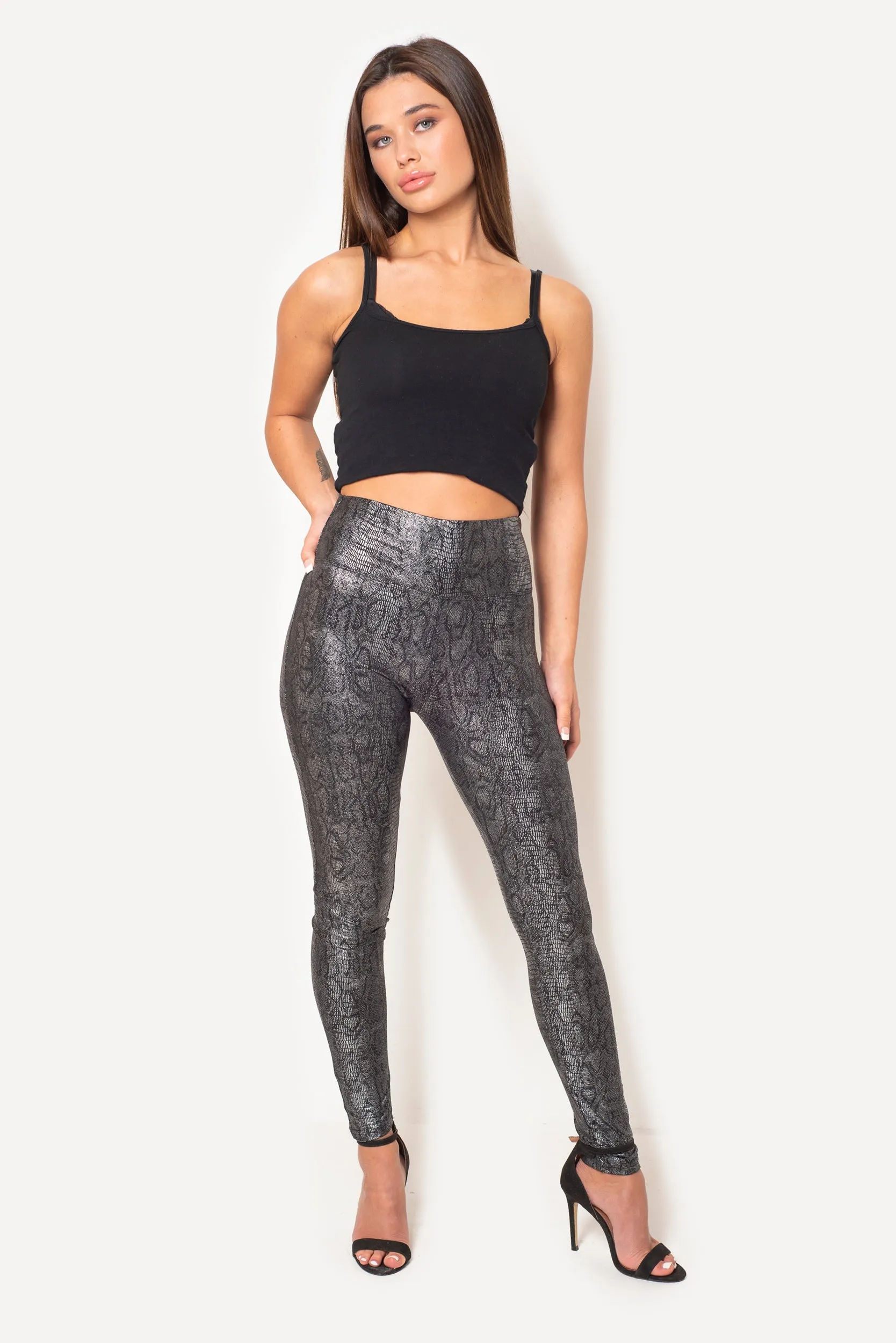 BLACK SNAKESKIN FAUX LEATHER LEGGINGS