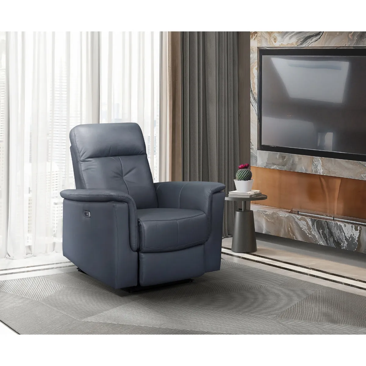 Blue-Grey Power Glider Recliner with USB Charging - Leather & Faux Leather