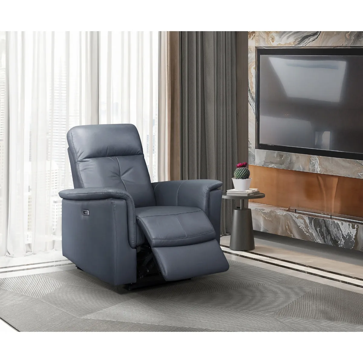 Blue-Grey Power Glider Recliner with USB Charging - Leather & Faux Leather